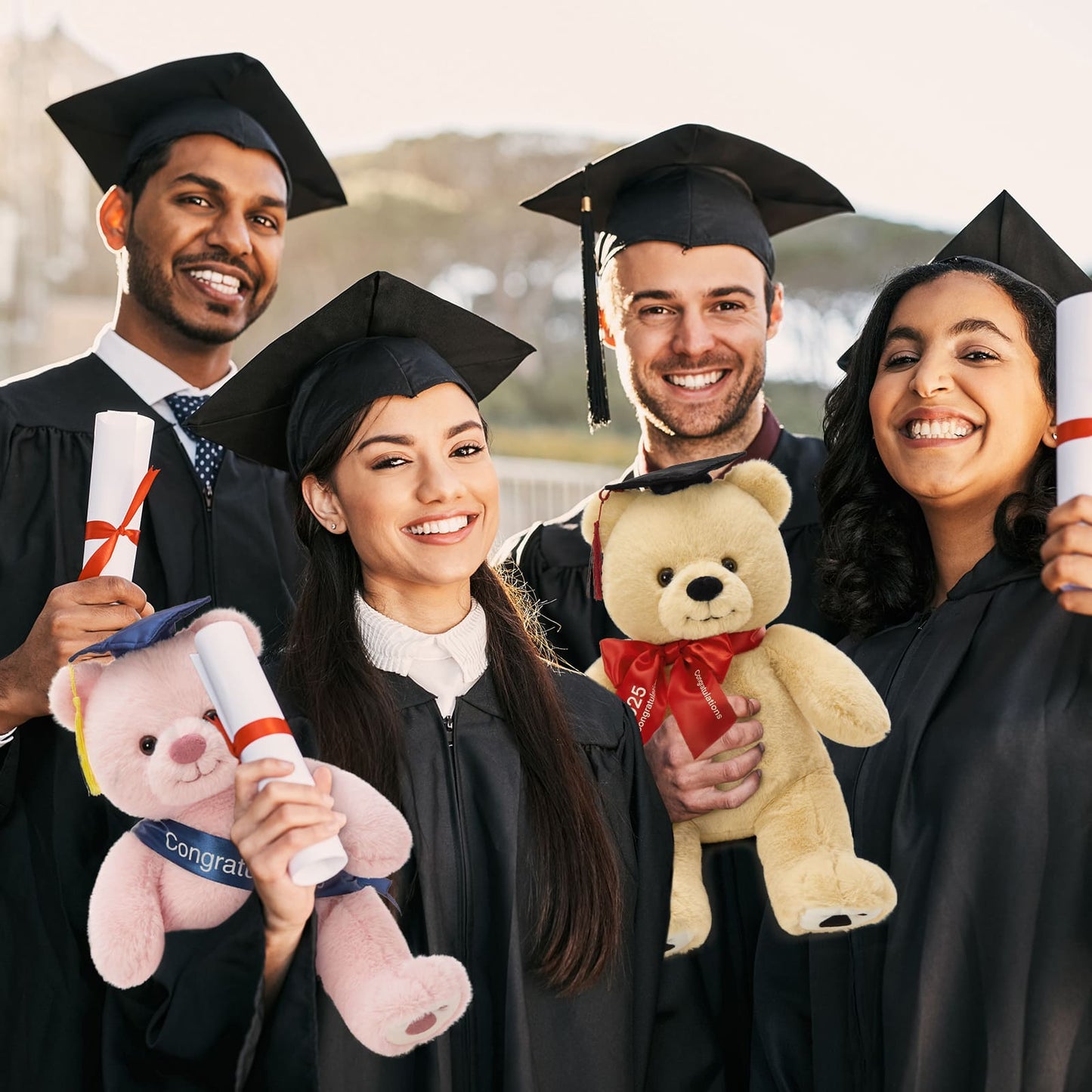 Graduation plush bear gift for 2025 students with red bow and cap