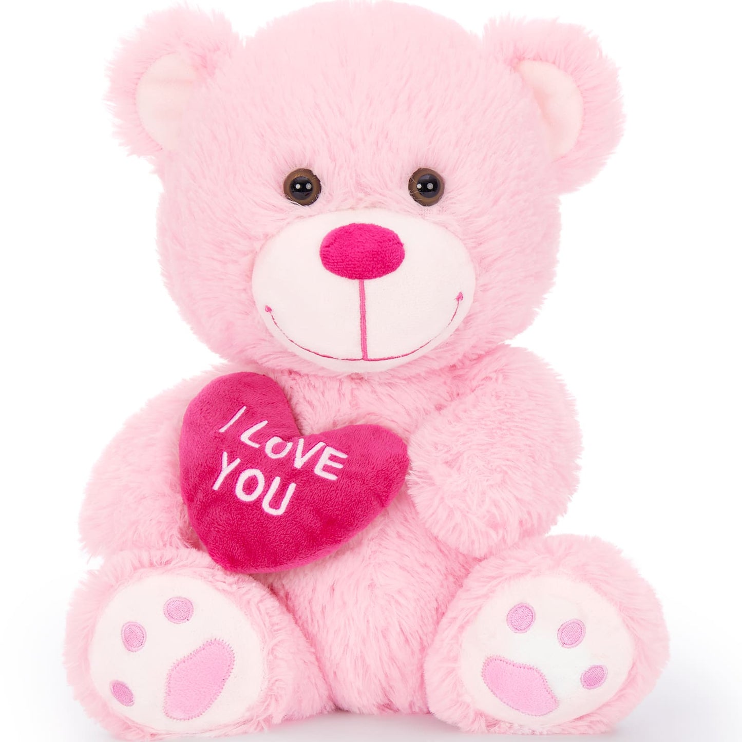 Stuffed Mocha Heart Bear – I Love You - Pink Plush Bear Toy for Kids & Adults - Embroidered Heart Throw Pillow - Valentine's Day Teddy Bear Stuffed Animals - 12 Inch Teddy Bear Plush Toys - Teddy Bear with Hearts