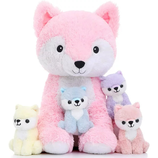 Cute Pink Fox Plush Toys - 5 Pcs Fox Stuffed Animals Bulk - Cute Fox 19 Inches Plush Dolls - Stuffed Animal Fox Babies with Their Mom - Fox Cushion Pillow Soft Toys - Gifts for Girls Boys