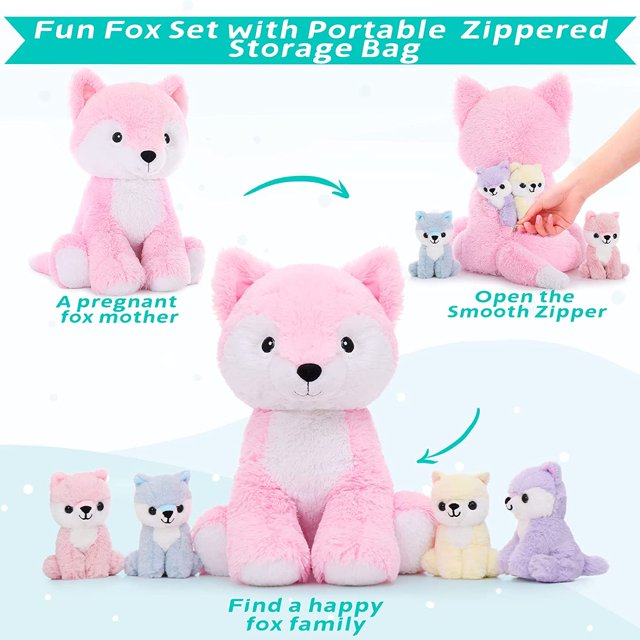 Cute Pink Fox Plush Toys - 5 Pcs Fox Stuffed Animals Bulk - Cute Fox 19 Inches Plush Dolls - Stuffed Animal Fox Babies with Their Mom - Fox Cushion Pillow Soft Toys - Gifts for Girls Boys