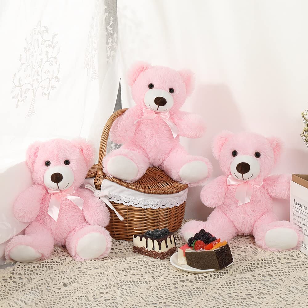 3-Piece Teddy Bear Stuffed Animals - MorisMos Stuffed Animals - Pink Teddy Bear Plush Toys Bulk - Small Teddy Bears for Baby Shower Centerpieces - Free Shipping