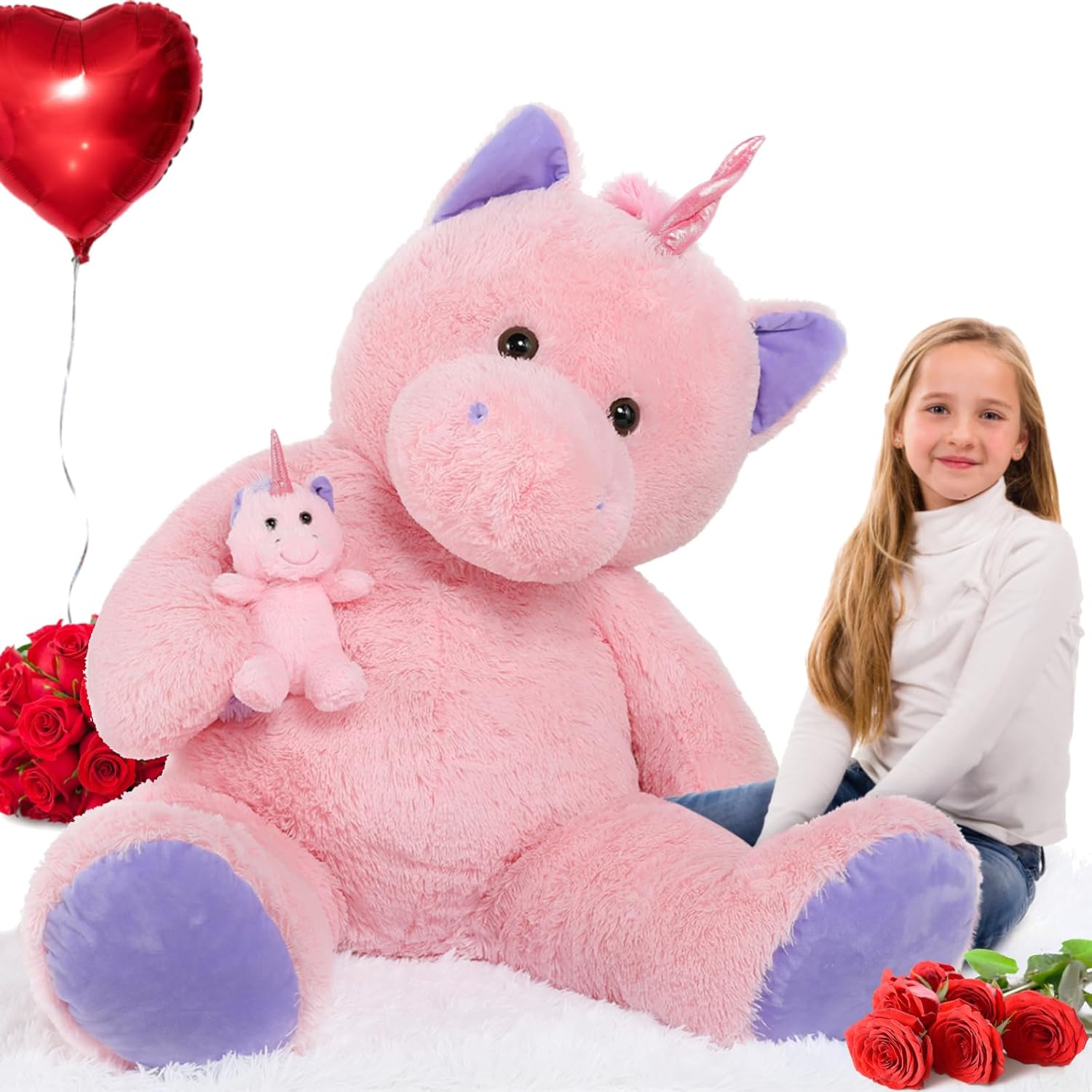 Jouet en peluche licorne géante, rose, 51 pouces