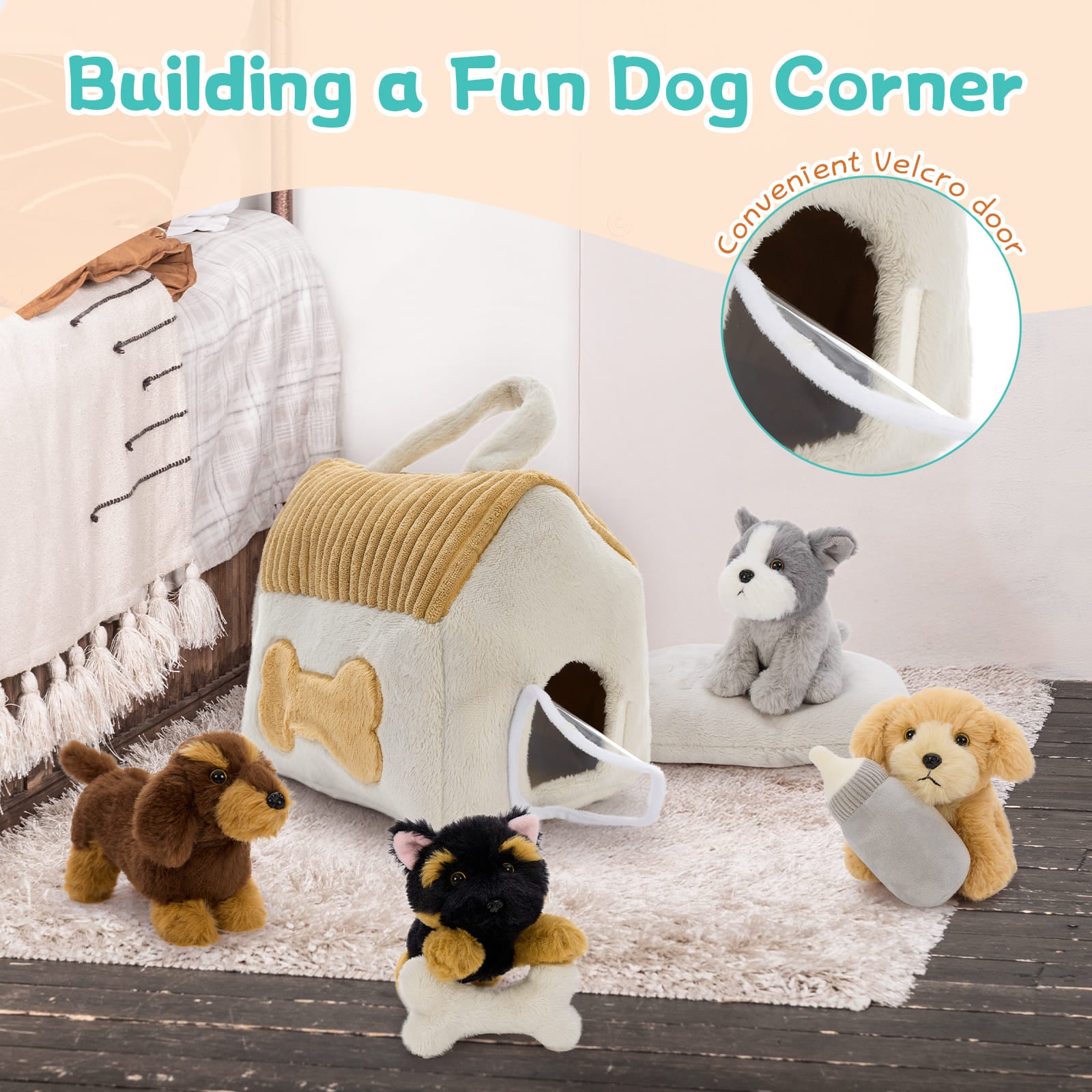 Plush Puppy Playset with Dog House – 8 Piece Stuffed Animal Toy Set for Kids