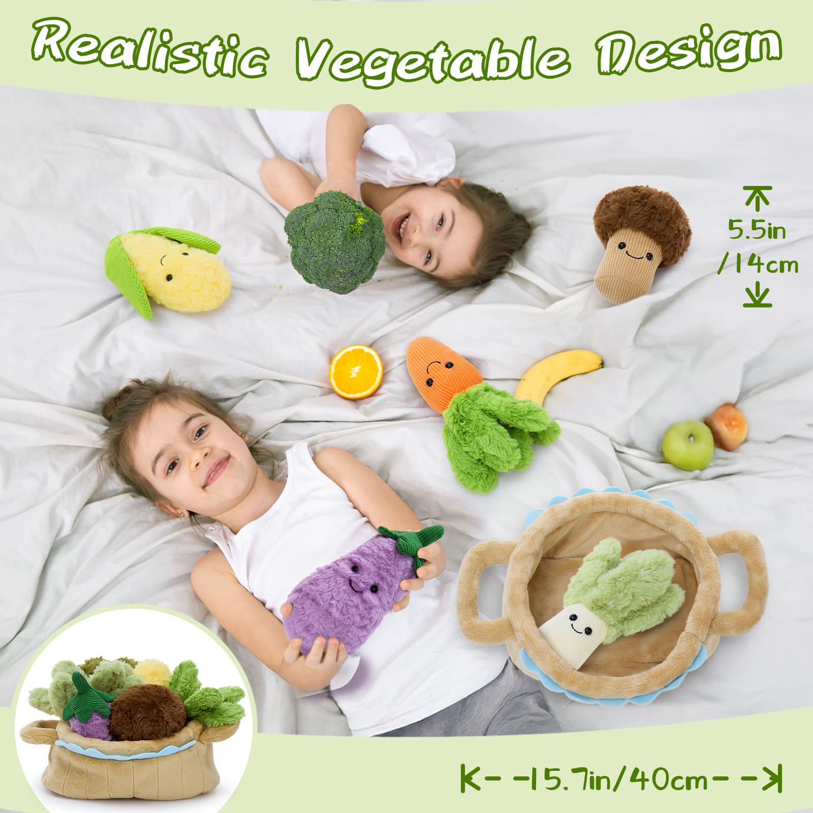 Plush Veggie Basket with 6 Stuffed Vegetable Toys, 15.7 Inches