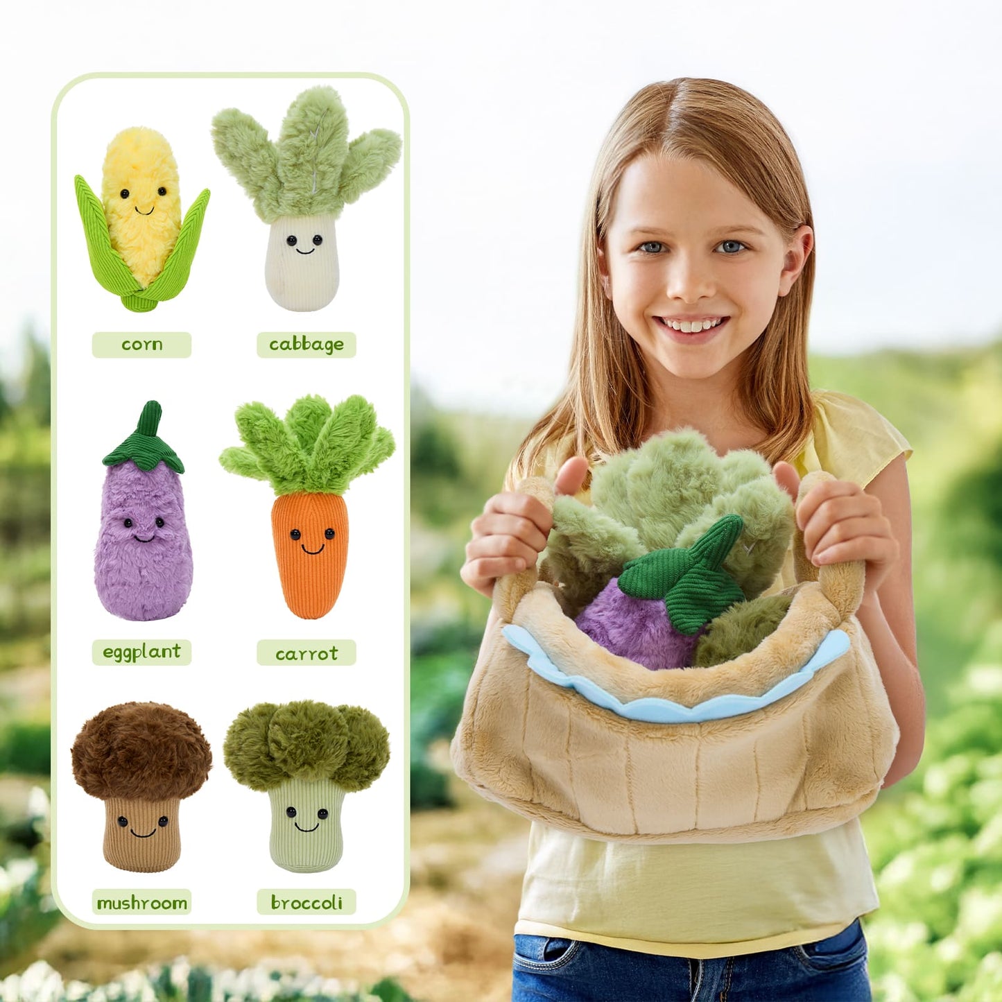 Plush Vegetable Basket Toy Set – 6 Soft & Smiley Veggies for Learning & Play - Stuffed Veggie Basket with 6 Plush Vegetable Toys - Pretend Play Food Sensory Toys