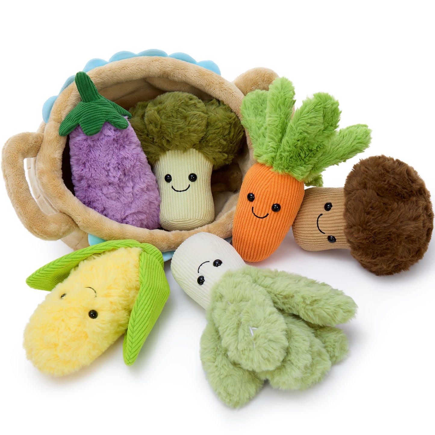 Plush Vegetable Basket Toy Set – 6 Soft & Smiley Veggies for Learning & Play - Stuffed Veggie Basket with 6 Plush Vegetable Toys - Pretend Play Food Sensory Toys