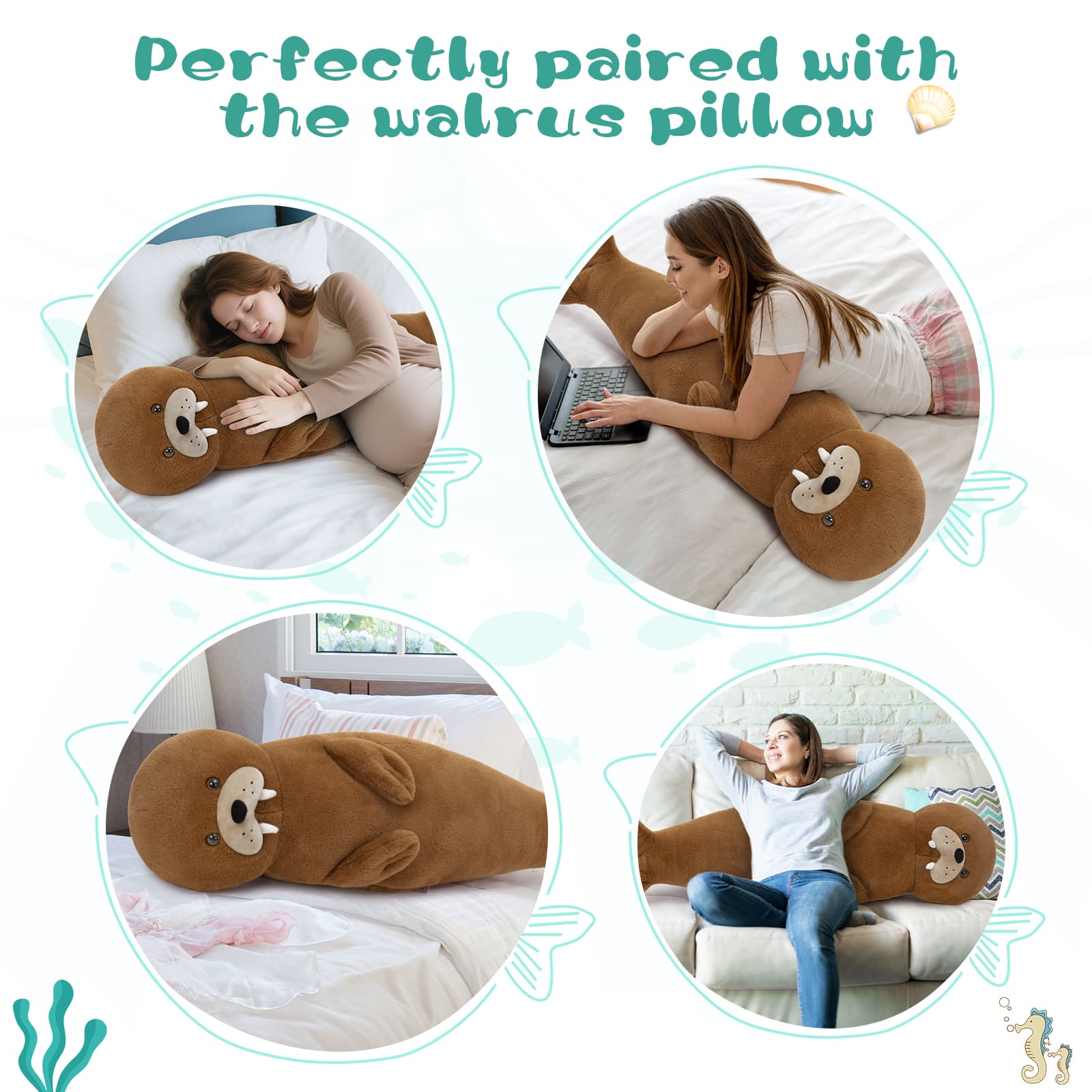 Walrus Long Plush Pillow, Dark Brown, 39.37 Inches