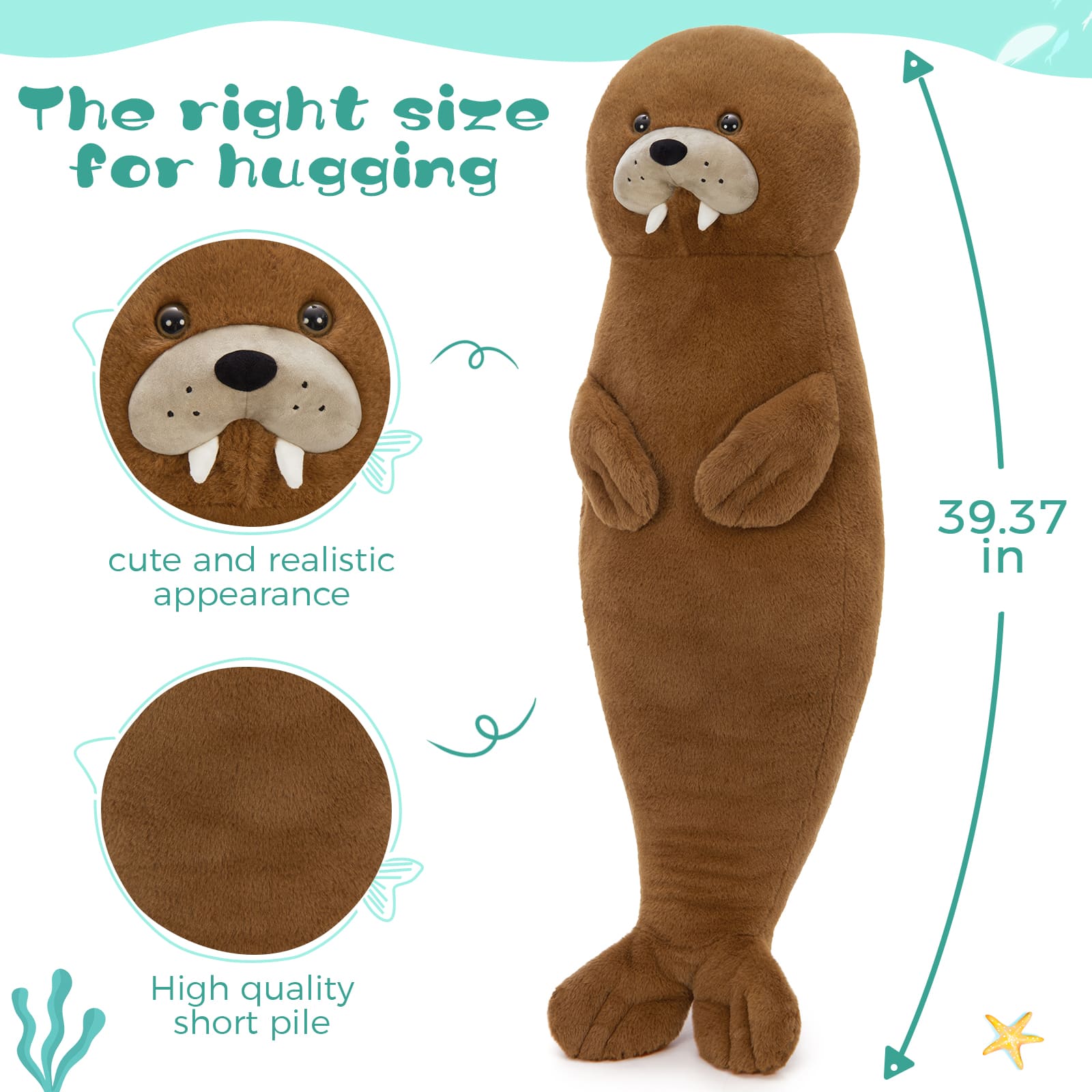 Walrus Long Plush Pillow, Dark Brown, 39.37 Inches
