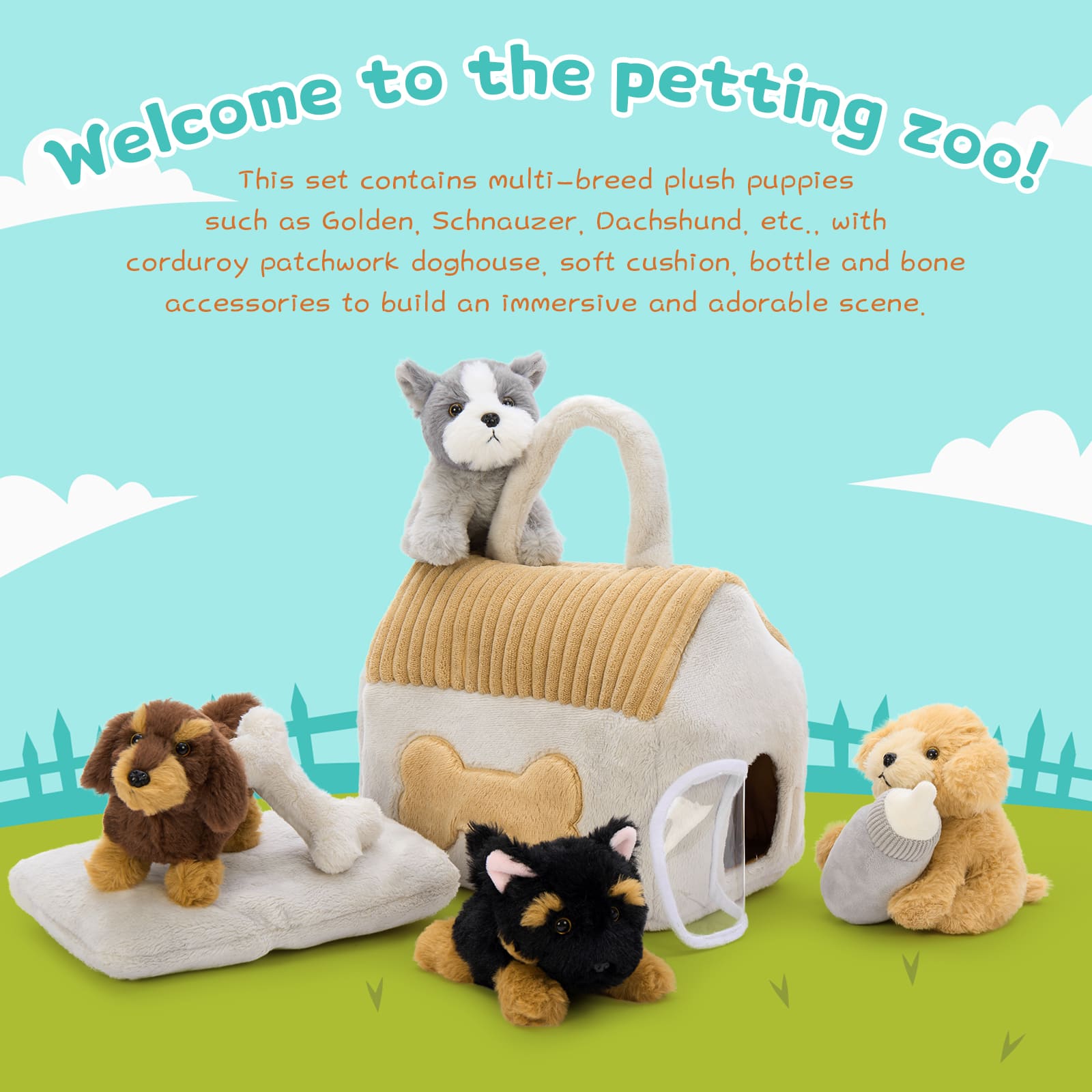 Plush Puppy Playset with Dog House – 8 Piece Stuffed Animal Toy Set for Kids