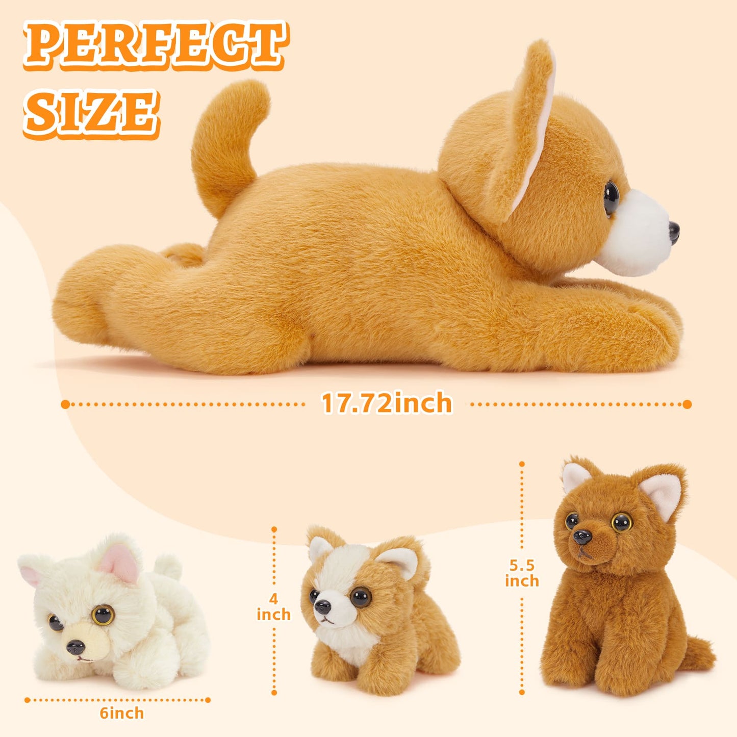 Chihuahua Stuffed Animals Realistic Puppy Plush Toys, 17.72 Inches - 4 Pcs Dog Stuffed Animals - Dog Baby Stuffed Animals with Their Mom - Cute Stuffed Toys for Imaginative Play - Soft Cuddly Companion for Kids - Stuffed Animals for Girls Boys Ages 3 to 8 Years