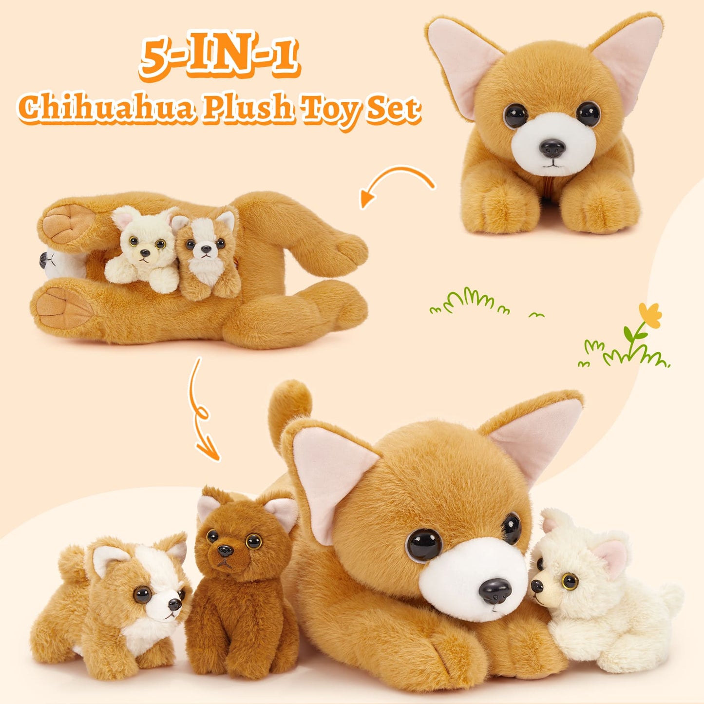 Chihuahua Stuffed Animals Realistic Puppy Plush Toys, 17.72 Inches - 4 Pcs Dog Stuffed Animals - Dog Baby Stuffed Animals with Their Mom - Cute Stuffed Toys for Imaginative Play - Soft Cuddly Companion for Kids - Stuffed Animals for Girls Boys Ages 3 to 8 Years