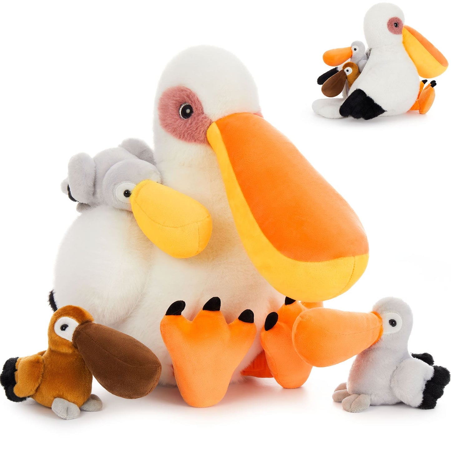 Pelican Stuffed Animal with Three Babies Inside - Pelican Stuffed Animals with Babies in the Belly - Bird Stuffed Animals - Jungle Safari Plush Toys - Birthday, Christmas, Thanksgiving Gift for Birders