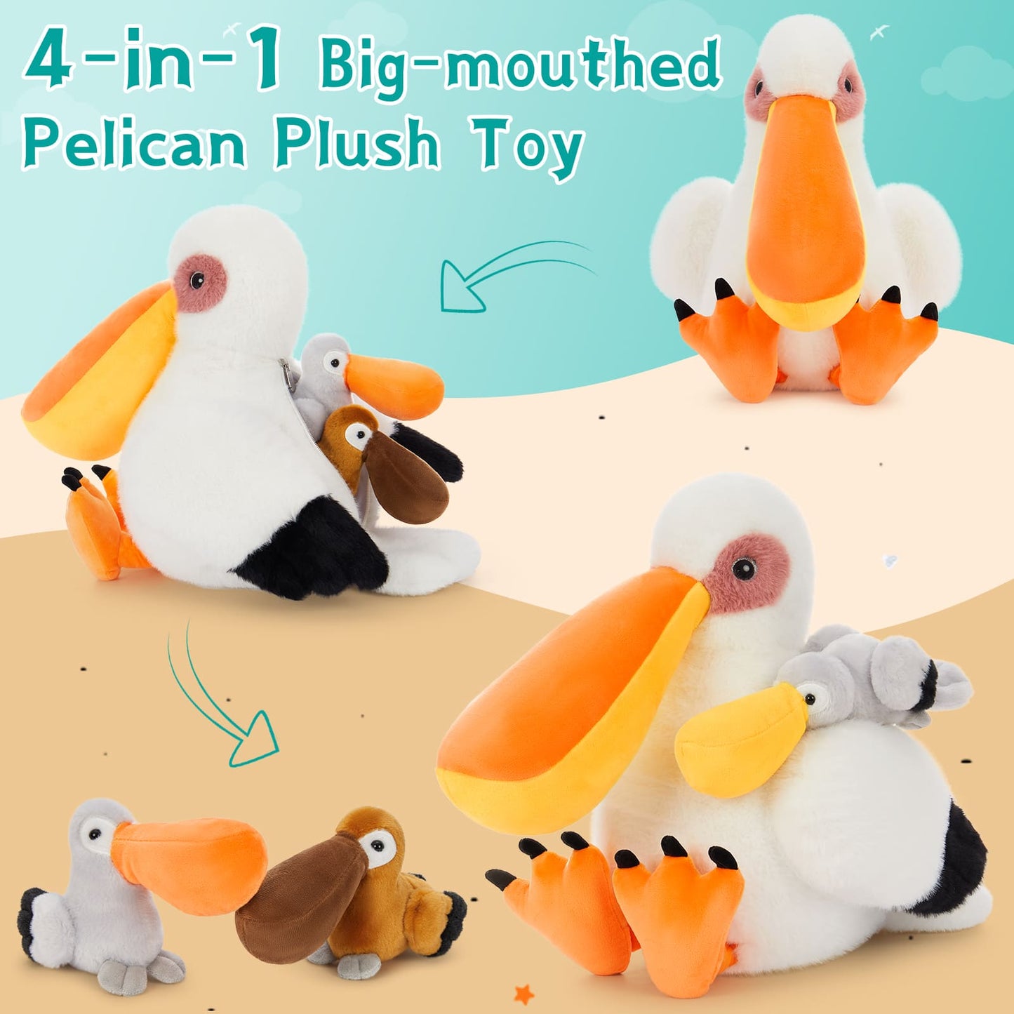 Pelican Stuffed Animal with Three Babies Inside - Pelican Stuffed Animals with Babies in the Belly - Bird Stuffed Animals - Jungle Safari Plush Toys - Birthday, Christmas, Thanksgiving Gift for Birders