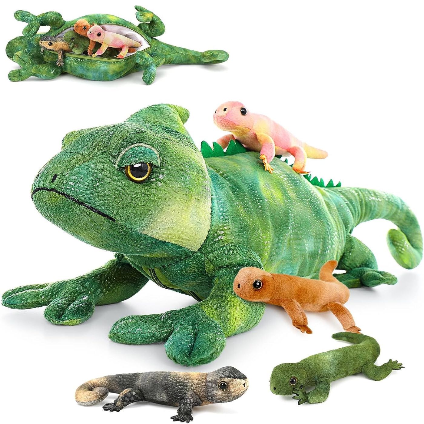 Big Lizard Plush Toys - 5 Pcs Realistic Chameleon Stuffed Animals - Cool Lifelike Bearded Dragon Plush Dolls - Stuffed Animal Lizard Babies with Their Mom - Chameleon Soft Toys - Gifts for Boys Girls