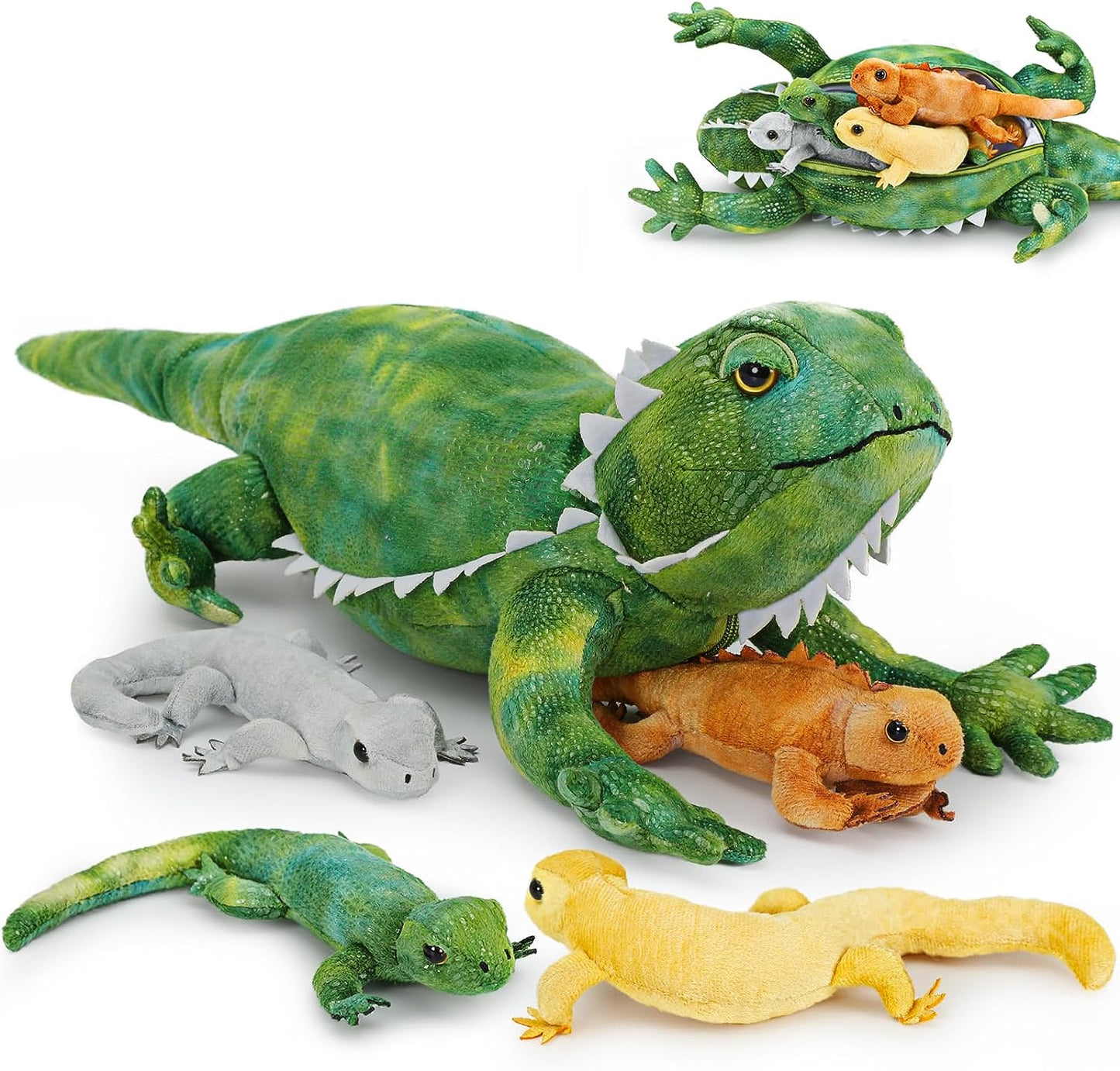 Big Lizard Plush Toys - 5 Pcs Realistic Chameleon Stuffed Animals - Cool Lifelike Bearded Dragon Plush Dolls - Stuffed Animal Lizard Babies with Their Mom - Chameleon Soft Toys - Gifts for Boys Girls