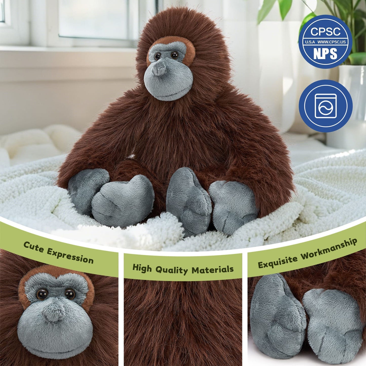 Long Arm Ape Stuffed Animals - Lifelike Monkey Plush Toys, Dark Brown, 18 Inches - Jungle/Safari Stuffed Animals - Forest Zoo Theme Party Decors