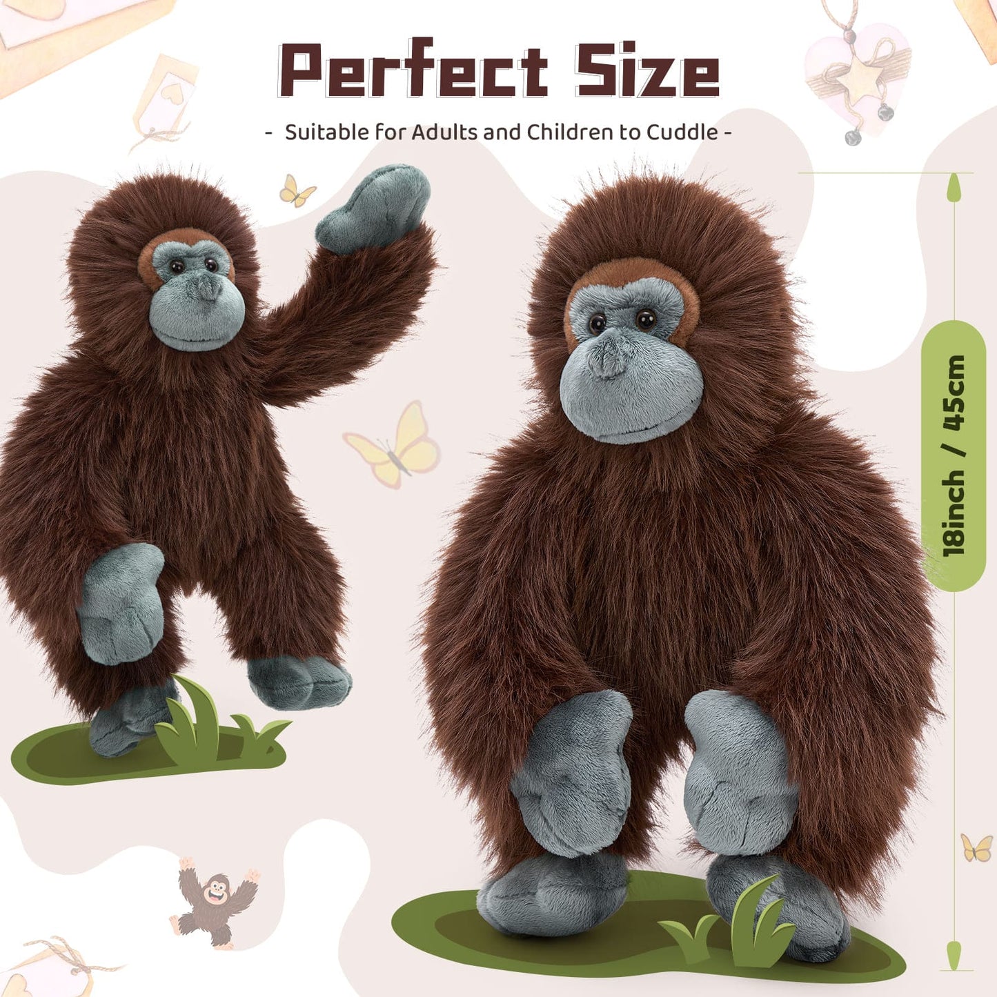 Long Arm Ape Stuffed Animals - Lifelike Monkey Plush Toys, Dark Brown, 18 Inches - Jungle/Safari Stuffed Animals - Forest Zoo Theme Party Decors