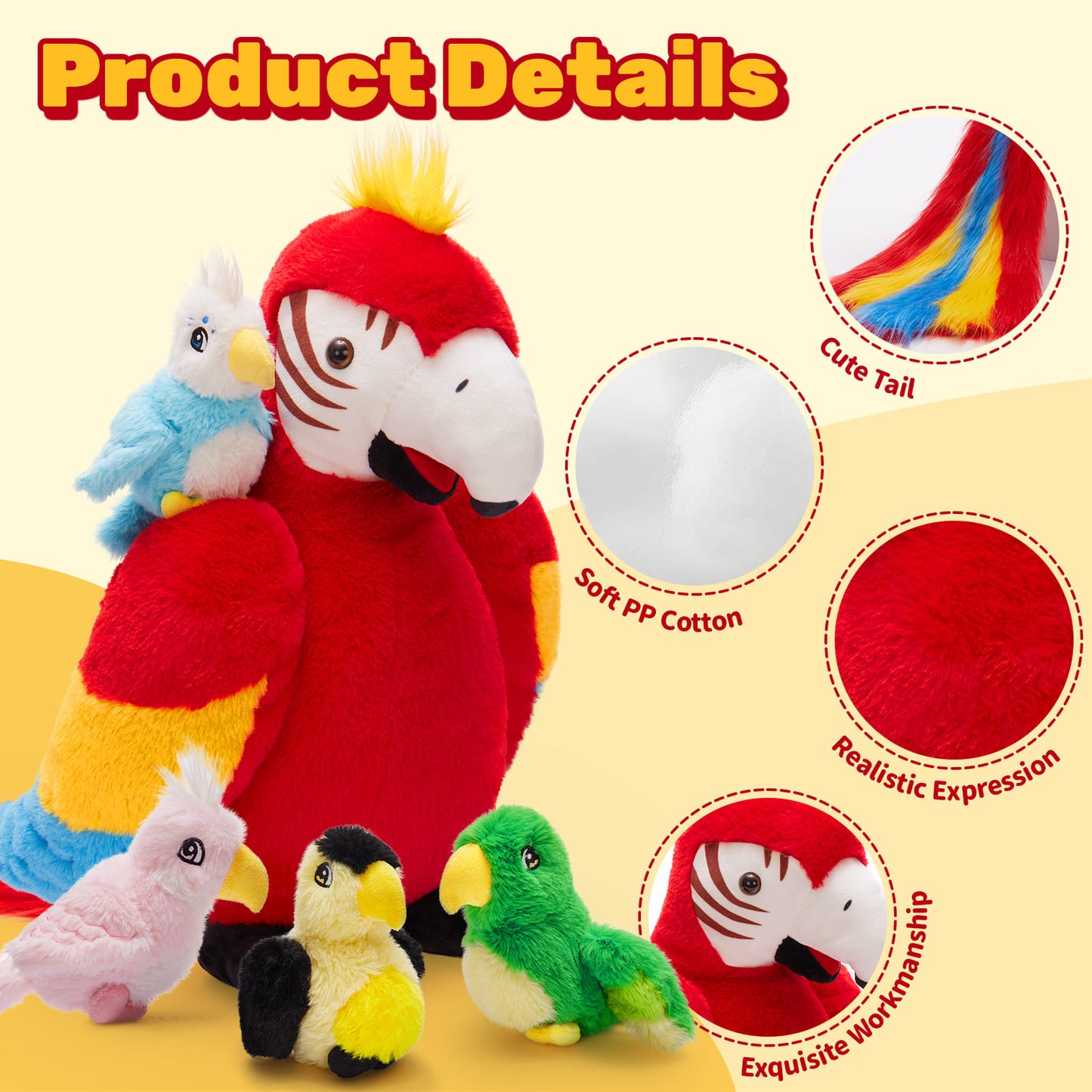 Realistic Macaw Parrot Plush Toys - 5 Pcs Red Bird Stuffed Animals - Cute Feral Parrot Plush Dolls - Stuffed Animal Babies with Their Mom - Gifts for Kids Teens Adults - 27*17.7 Inches