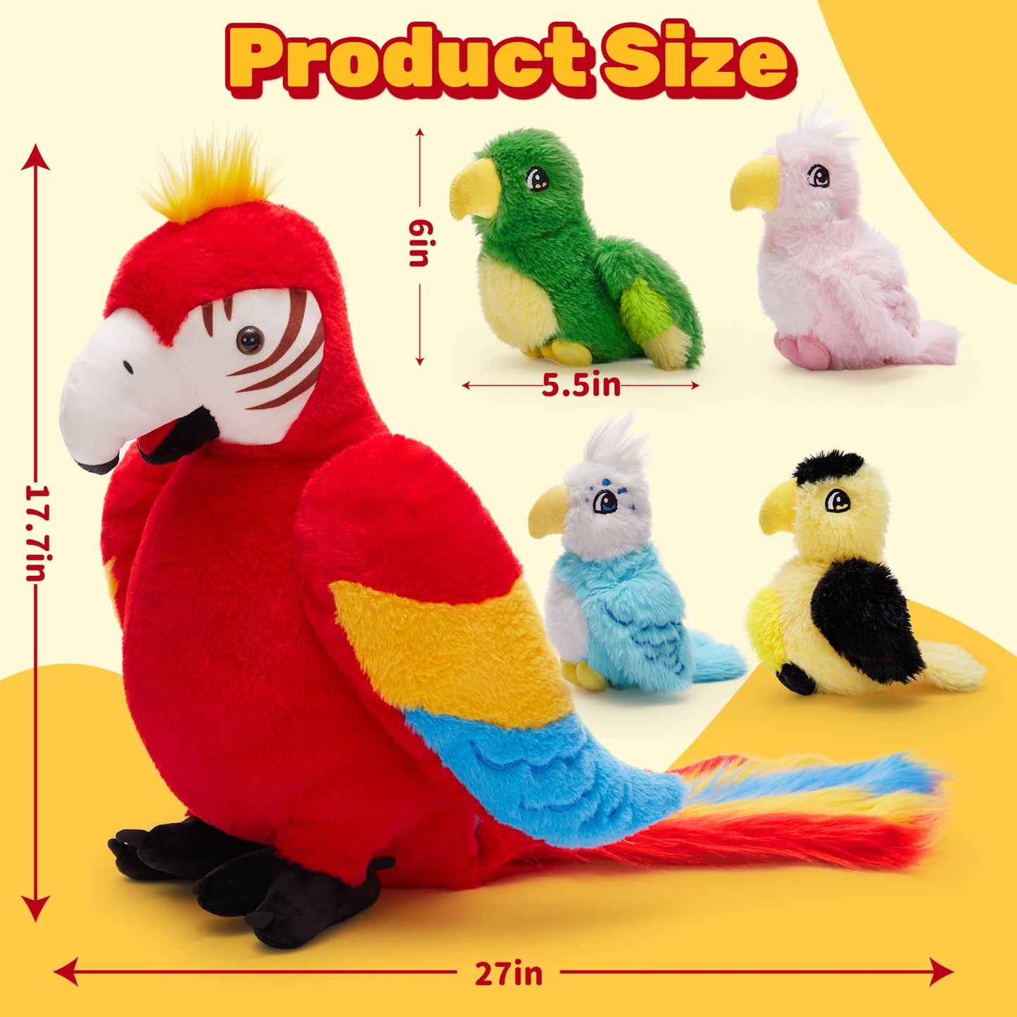 Realistic Macaw Parrot Plush Toys - 5 Pcs Red Bird Stuffed Animals - Cute Feral Parrot Plush Dolls - Stuffed Animal Babies with Their Mom - Gifts for Kids Teens Adults - 27*17.7 Inches