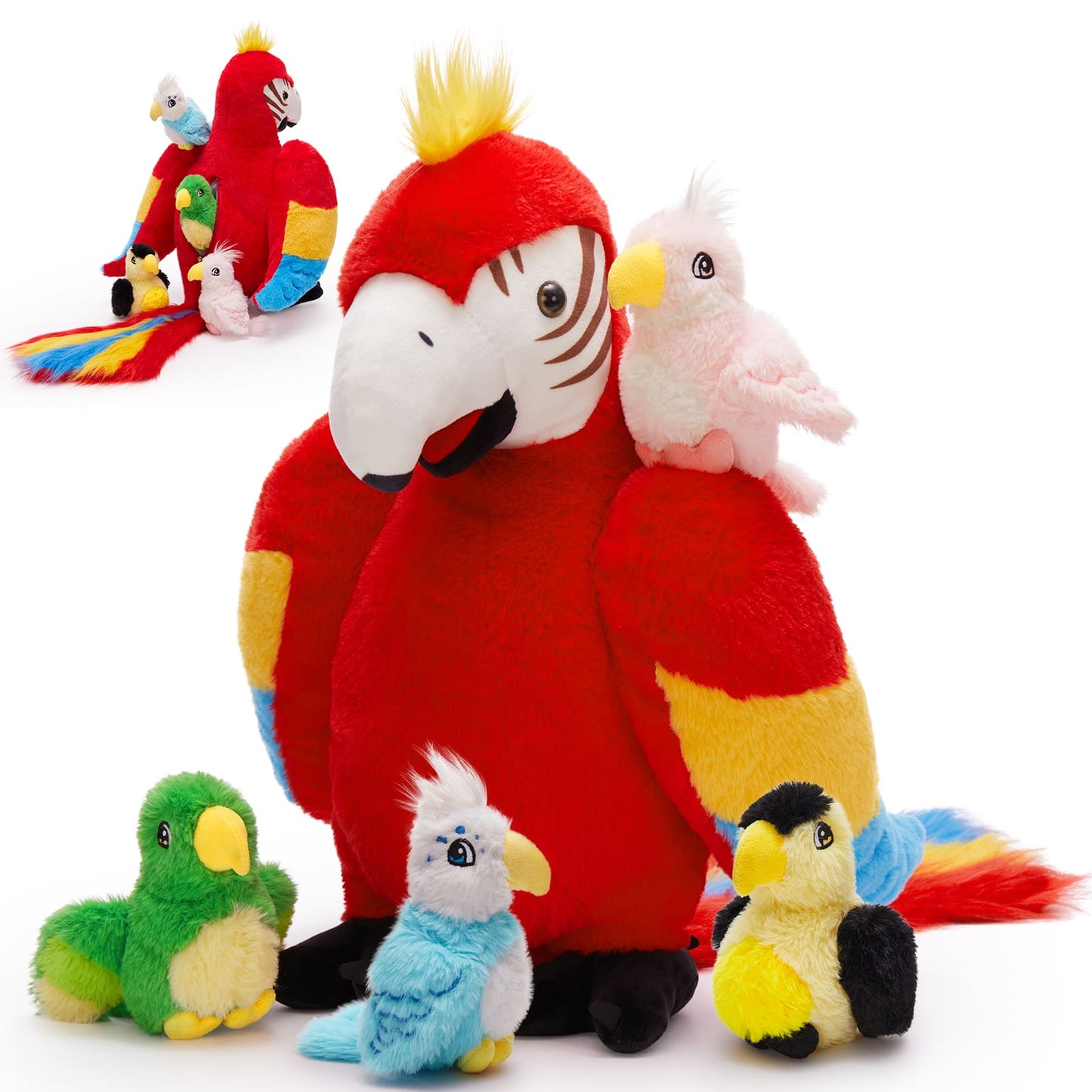 Realistic Macaw Parrot Plush Toys - 5 Pcs Red Bird Stuffed Animals - Cute Feral Parrot Plush Dolls - Stuffed Animal Babies with Their Mom - Gifts for Kids Teens Adults - 27*17.7 Inches