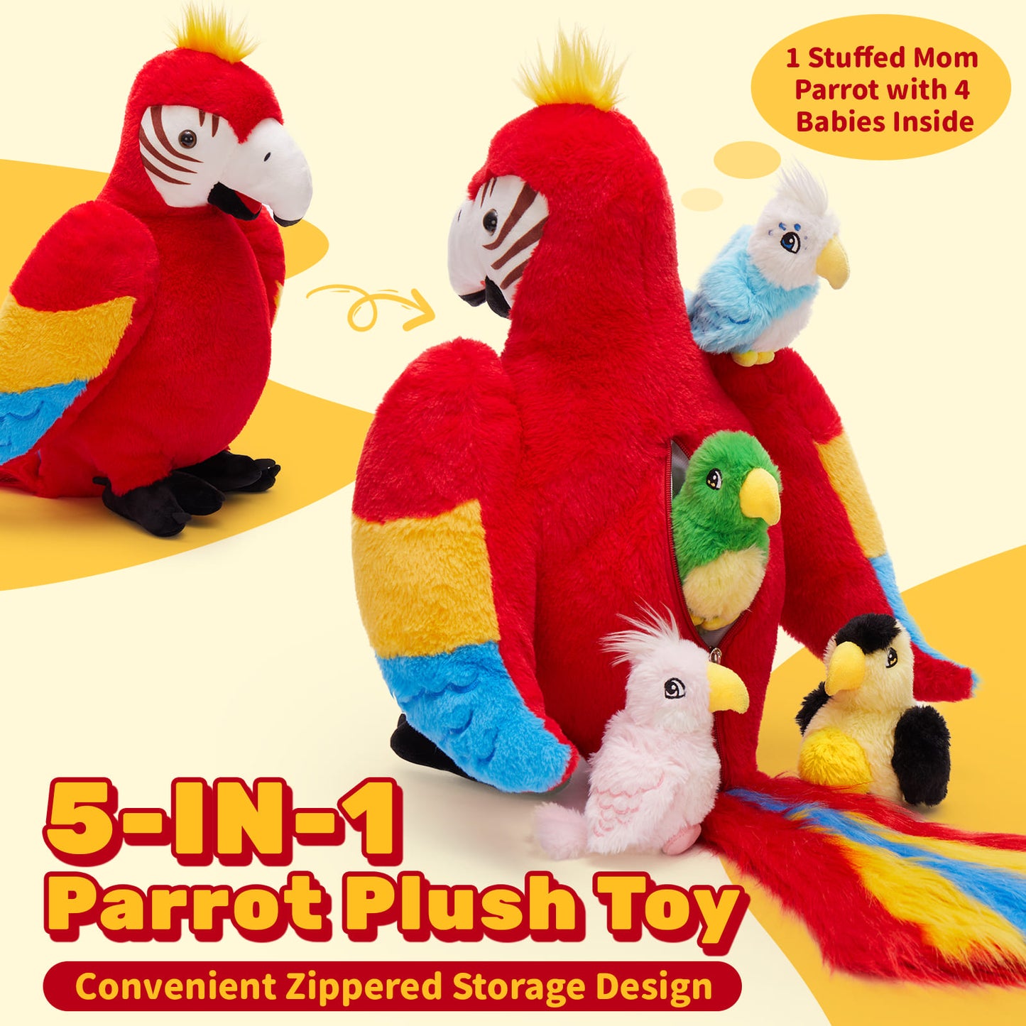 Realistic Macaw Parrot Plush Toys - 5 Pcs Red Bird Stuffed Animals - Cute Feral Parrot Plush Dolls - Stuffed Animal Babies with Their Mom - Gifts for Kids Teens Adults - 27*17.7 Inches