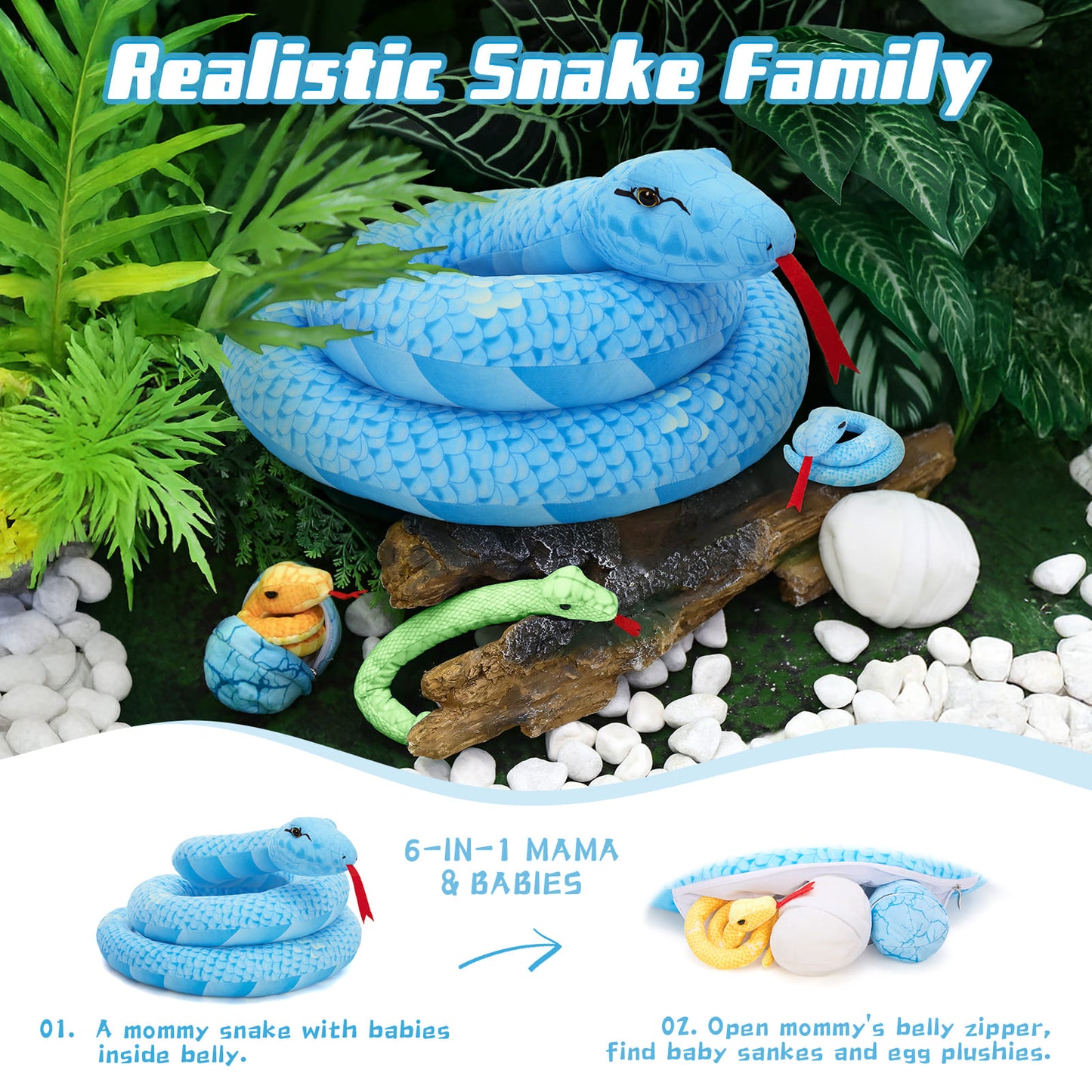 Realistic Snake Stuffed Animals - Boa Stuffed Animals with Babies Inside the Belly - Snake Stuffed Animal Babies with Their Mom - Jungle Safari Baby Shower Decorations - A Giant Long Snake, Three Mini Snakes and Two Snake Eggs