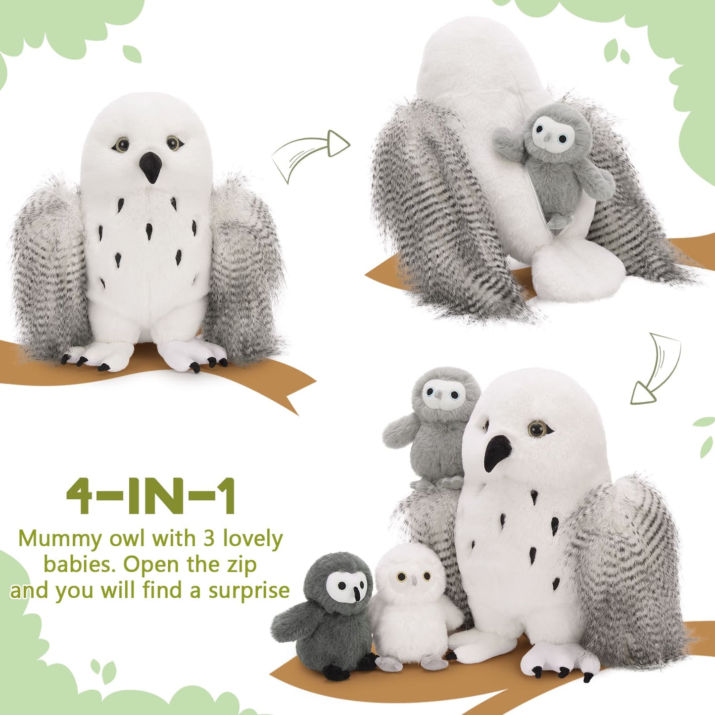 Lifelike Snowy Owl Stuffed Animals - Harry Potter Series Toys Hedwig - Stuffed Animal Babies with Their Mom - Stuffed Animals with Babies in the Belly - Realistic Owl Plush Toys - MorisMos Stuffed Animals - Adorable Plushie Companions