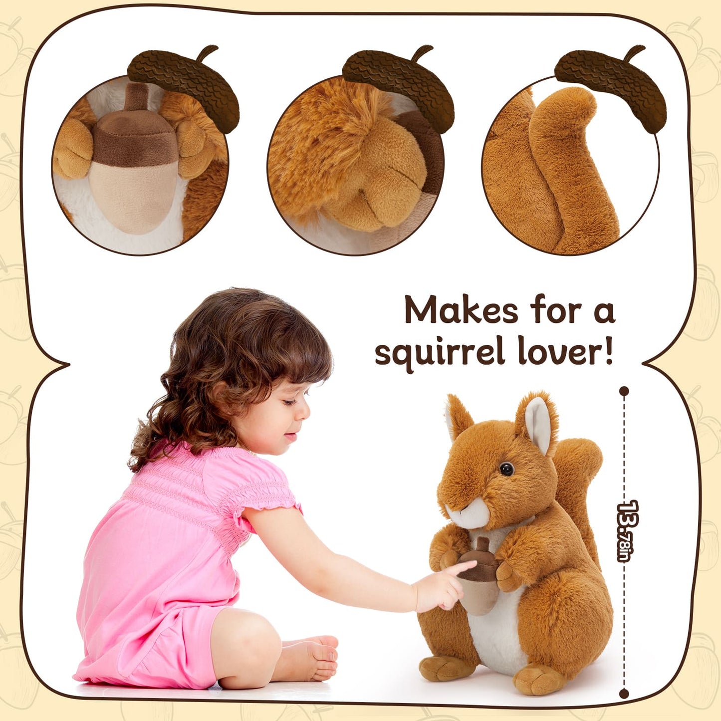 Realistic Squirrel Plush Toy - Cute Lifelike Squirrel Stuffed Animals - Plush Squirrel Holds A Chestnut - Christmas/Birthday/Baby Shower Gift Ideas - Soft Toys for Toddlers/Kids/Teens/Adults - MorisMos Stuffed Animals