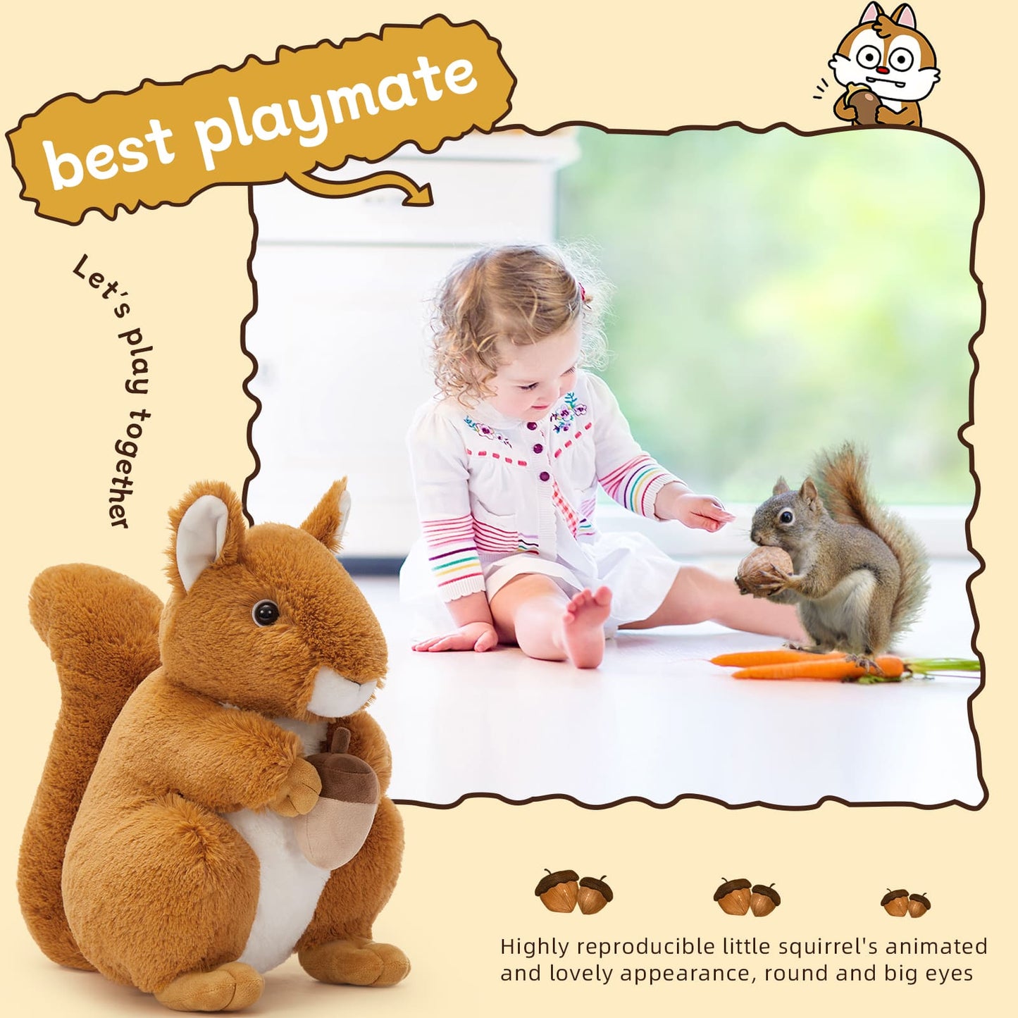 Realistic Squirrel Plush Toy - Cute Lifelike Squirrel Stuffed Animals - Plush Squirrel Holds A Chestnut - Christmas/Birthday/Baby Shower Gift Ideas - Soft Toys for Toddlers/Kids/Teens/Adults - MorisMos Stuffed Animals