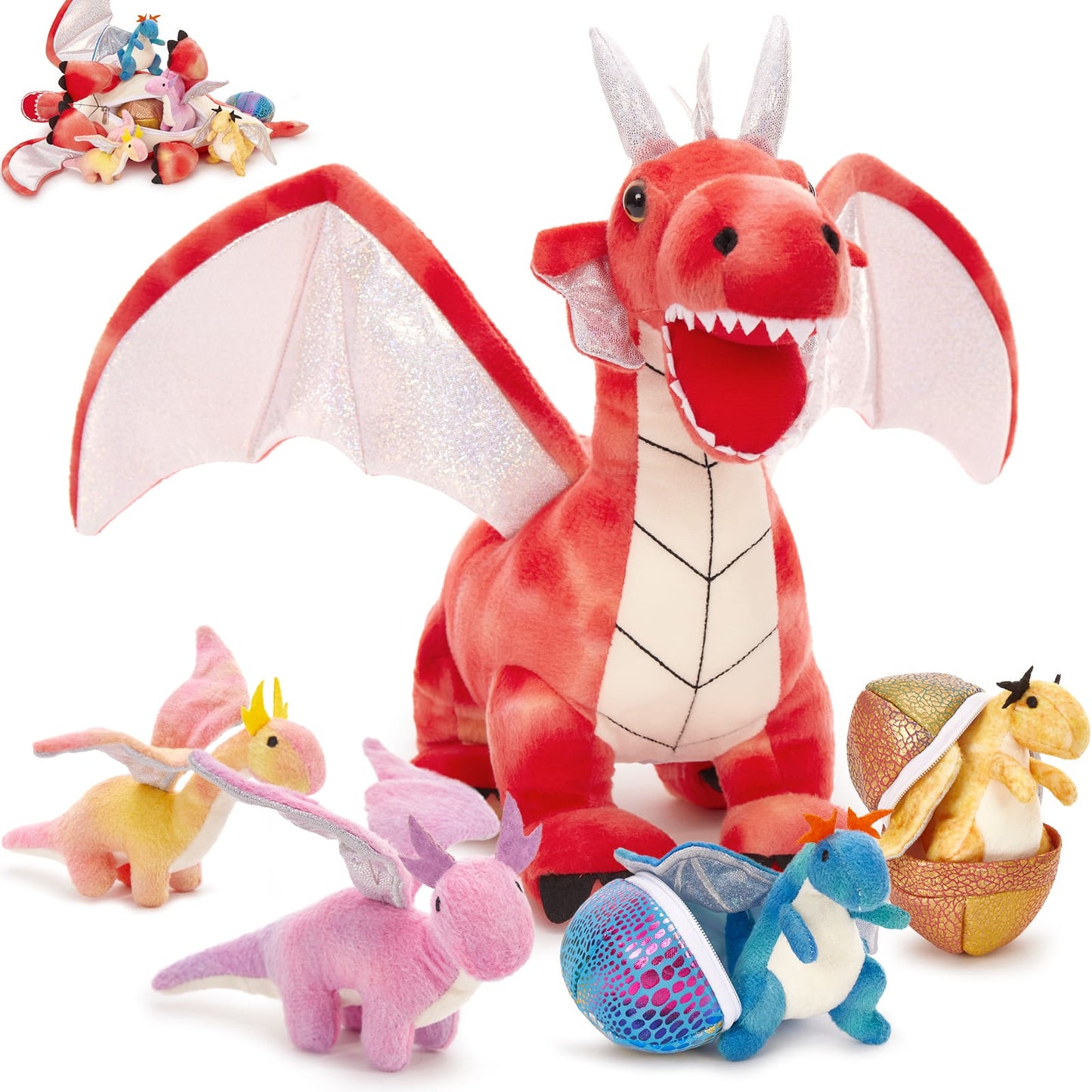 7 Pcs Dragon Stuffed Animals - Dragon Stuffed Animal Babies with Their Mom - Cute Dragon Plush Dolls for Girls Boys - Stuffed Animals with Babies Inside - Dreamy Pink Dragon Plush Toys - Creative Christmas/Birthday Gift for Kids Teens Adults