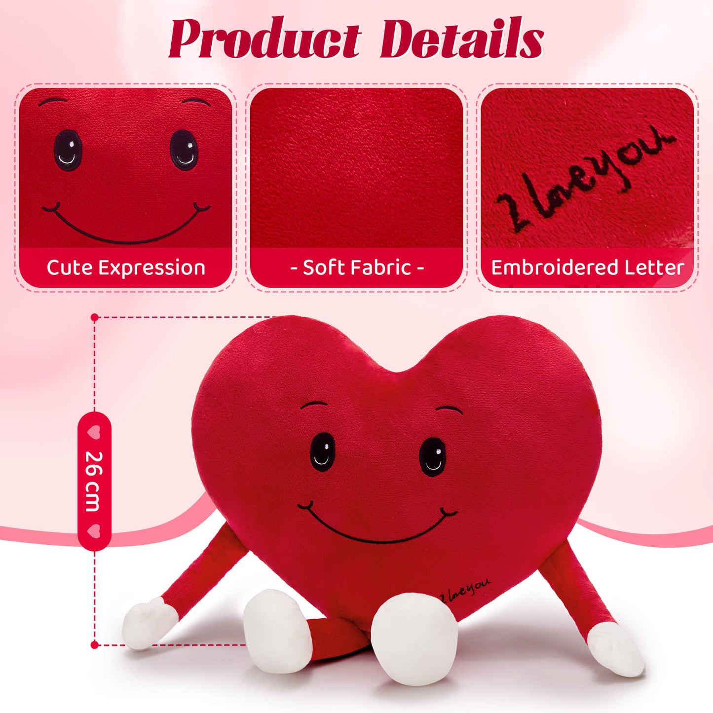 Red Heart Plush Pillow Love Pillow Cushion, 10 Inches - Heart-Shaped Plush Toy - Valentine's Day Gift for Girlfriend/Boyfriend