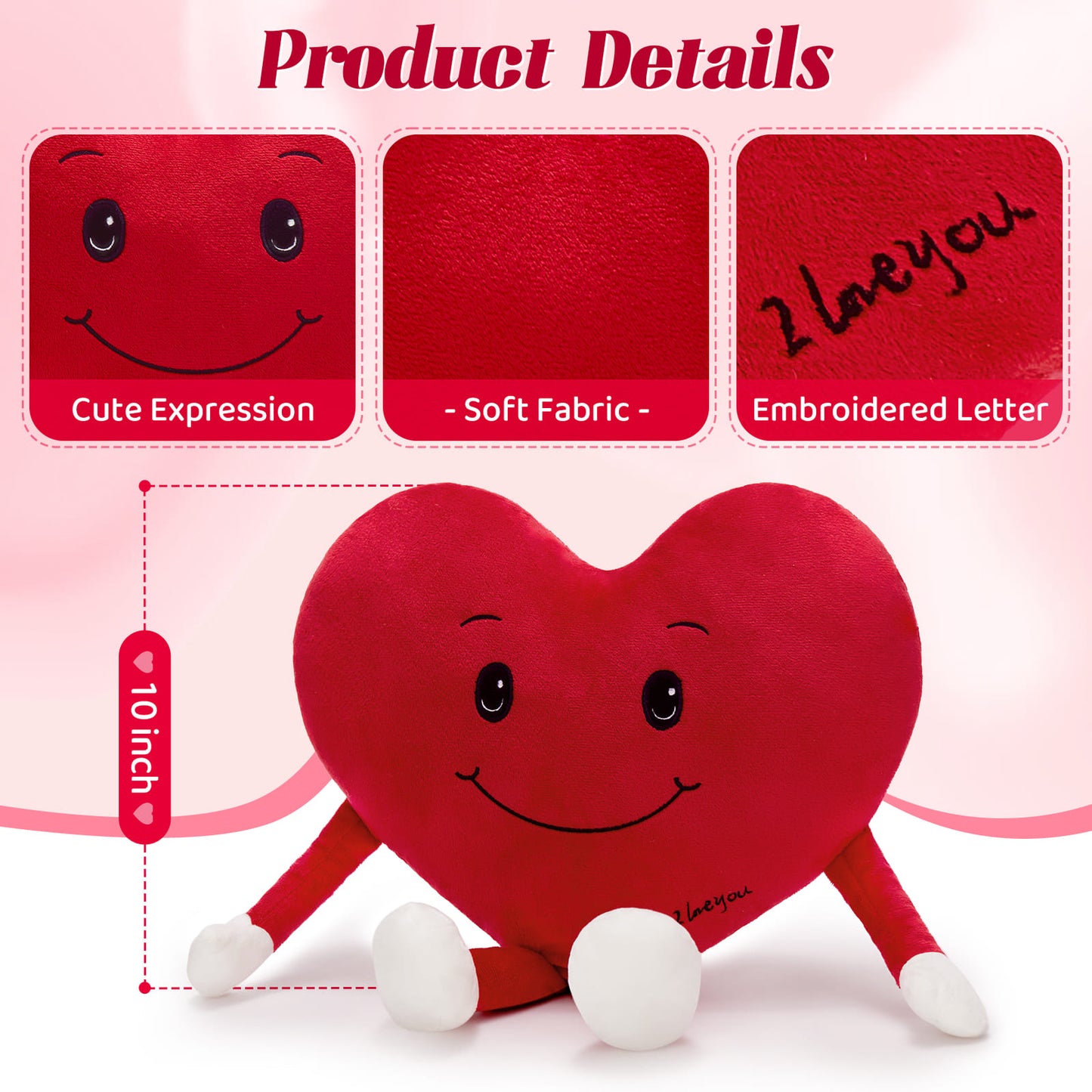 Red Heart Plush Pillow Love Pillow Cushion, 10 Inches - Heart-Shaped Plush Toy - Valentine's Day Gift for Girlfriend/Boyfriend