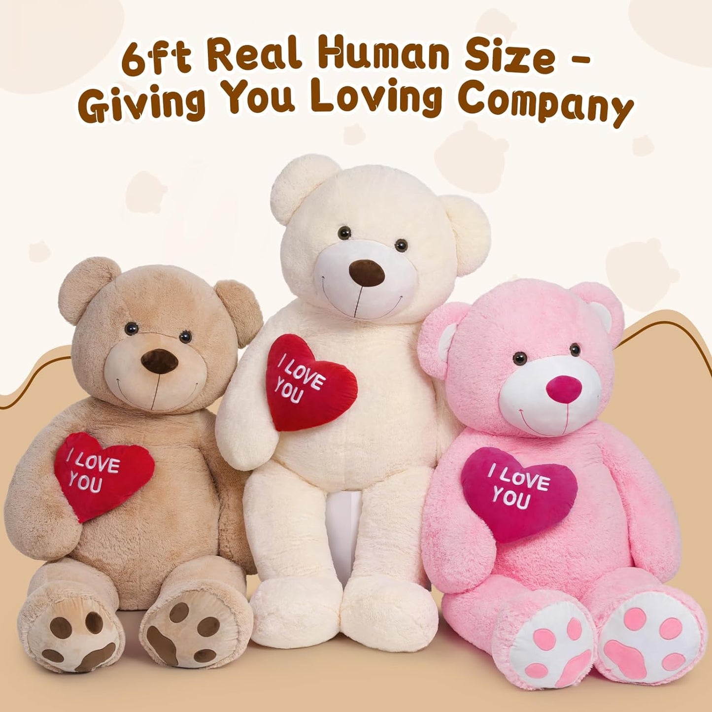 Giant 180 CM Teddy Bear Plush Toys - 6 Feet Teddy Bear Stuffed Animals - Teddy Bear Plush with ' I Love You ' Heart - Valentine's Day Gift for Girlfriend/Boyfriend - Romantic Confession/Propose Marriage Gift Ideas - Anniversary Gift for Wife/Husband - Teddy Bear Theme Baby Shower