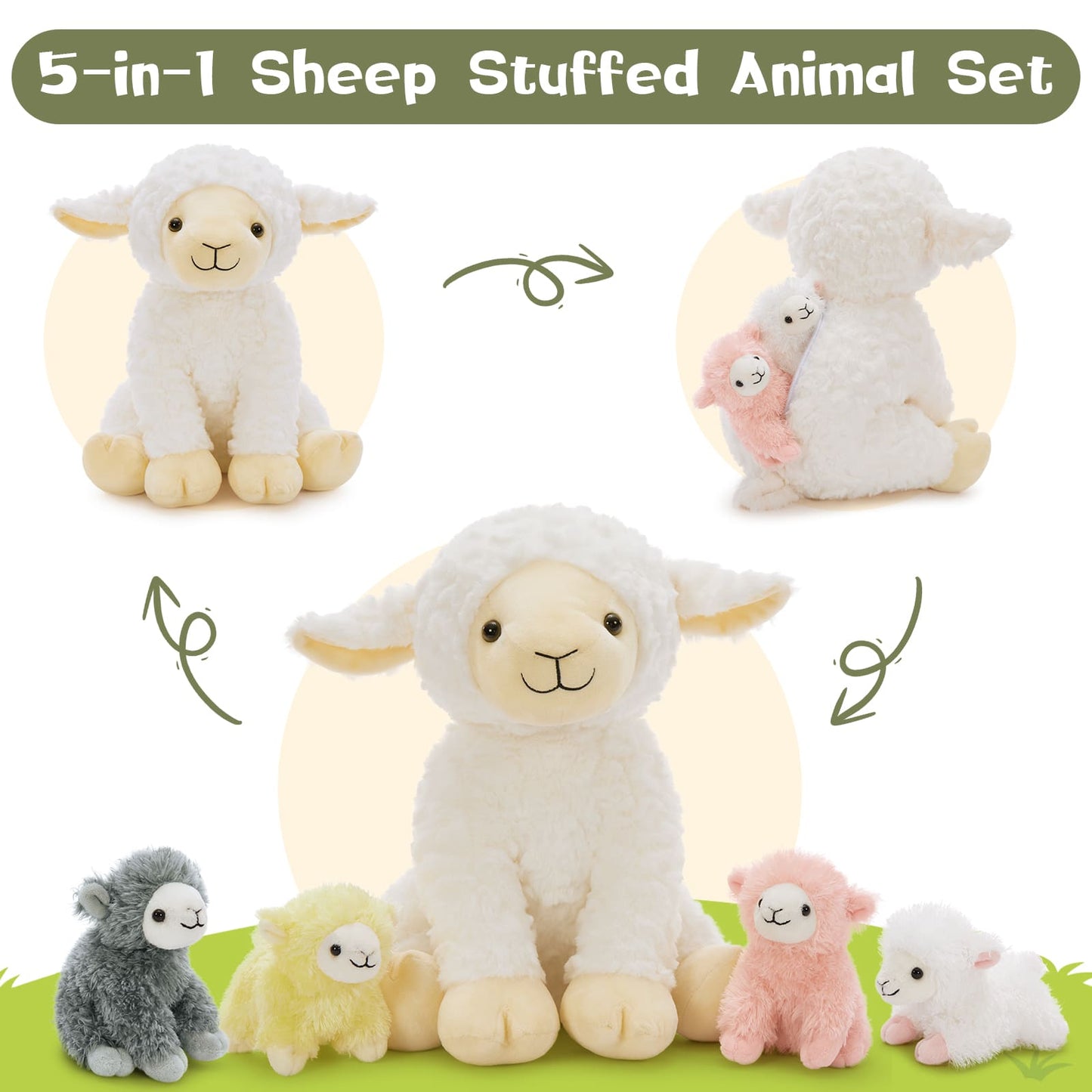 Sheep Stuffed Animals - Big Sheep with 4 Pcs Mini Lamb Plush Toys - Stuffed Animal Babies with Their Mom - Stuffed Animals with Babies in the Belly - Farm Plush Toys for Children - Ideal Gift for Girls Boys - MorisMos Stuffies