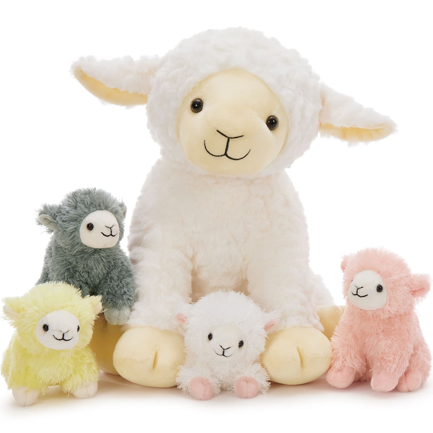 Sheep Stuffed Animals - Big Sheep with 4 Pcs Mini Lamb Plush Toys - Stuffed Animal Babies with Their Mom - Stuffed Animals with Babies in the Belly - Farm Plush Toys for Children - Ideal Gift for Girls Boys - MorisMos Stuffies