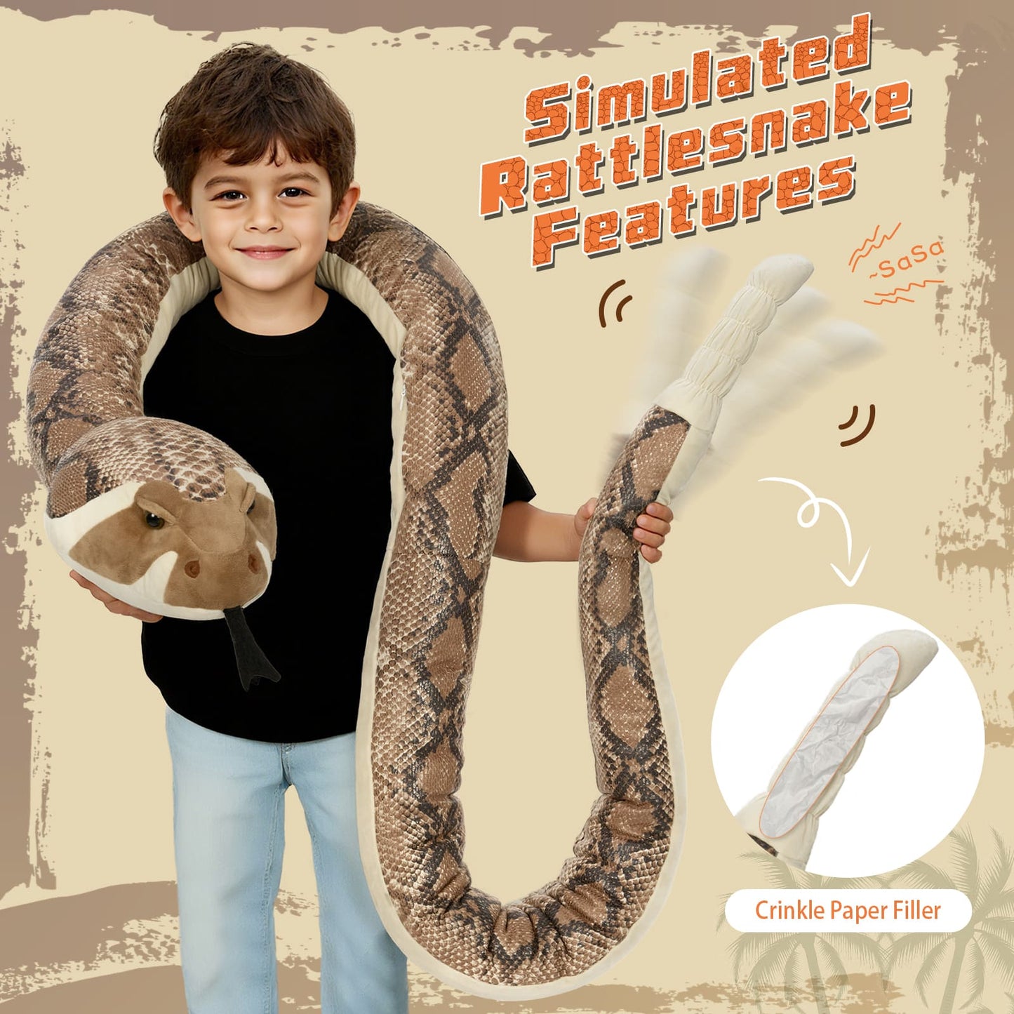 Simulation Rattlesnake Plush Toys - 8 Feet Stuffed Snake Toys - Giant Boa Stuffed Animals - Lifelike Stuffed Snake for Children - Jungle Safari Plush Toys Party Favors