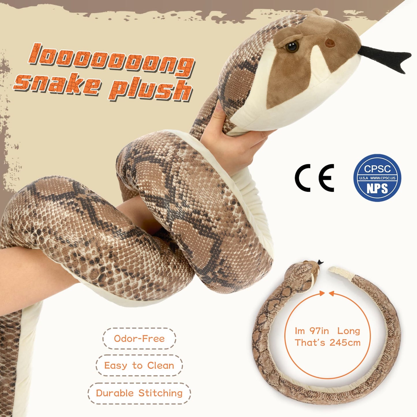 Simulation Rattlesnake Plush Toys - 8 Feet Stuffed Snake Toys - Giant Boa Stuffed Animals - Lifelike Stuffed Snake for Children - Jungle Safari Plush Toys Party Favors