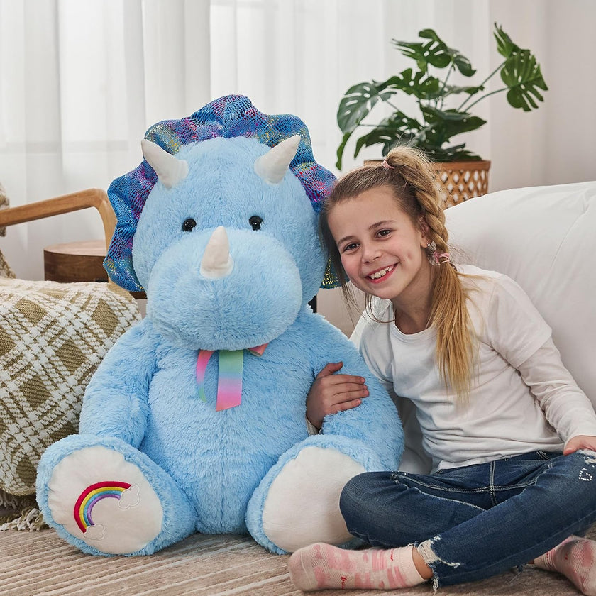 Sitting Triceratops Plush Toy, Blue,  29.5 Inches