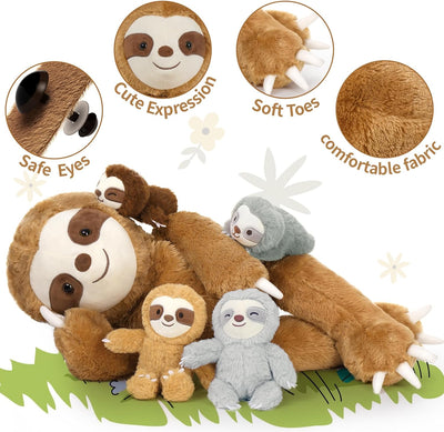 Sloth Mom Plushie with Four Babies, 23.6 Inches