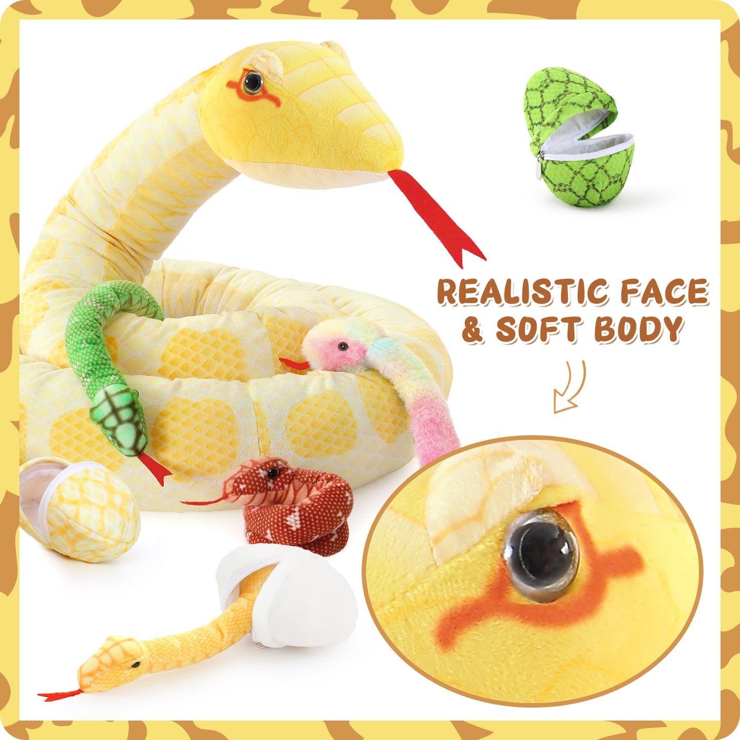 Snake Stuffed Animal Toy Set, Yellow, 118 Inches - MorisMos Jungle Stuffed Animals - Wild Animal Plush Toys