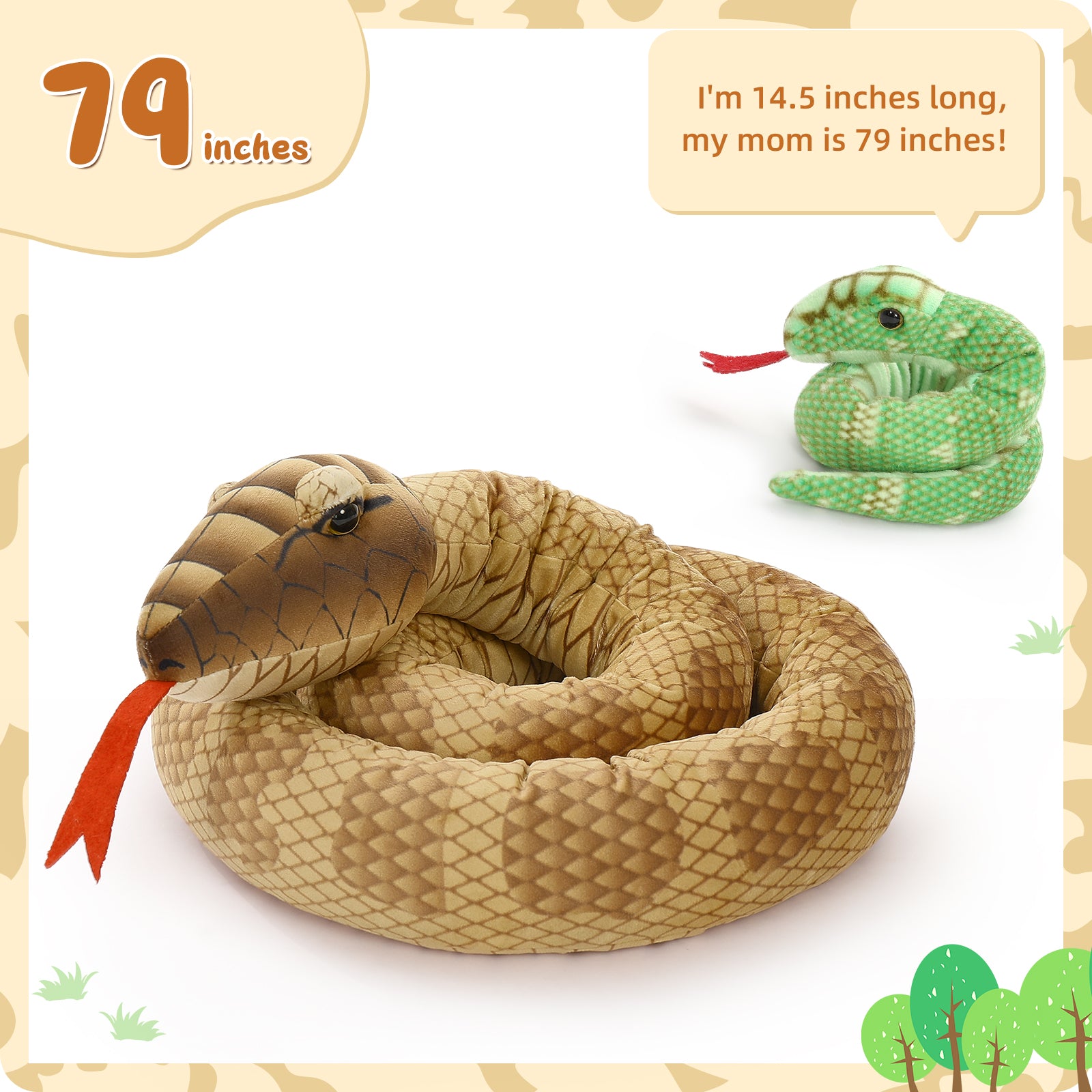 Ensemble de jouets en peluche serpent géant, vert/jaune, 80/55 pouces