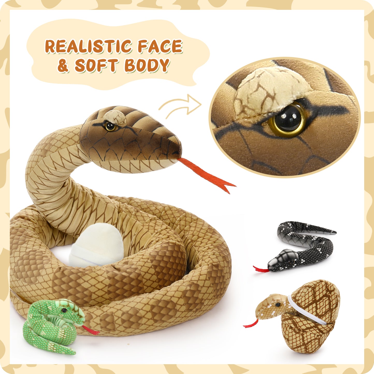 Snake Stuffed Animal Toy Set, Brown, 79 Inches - MorisMos Jungle Stuffed Animals - Wild Animal Plush Toys