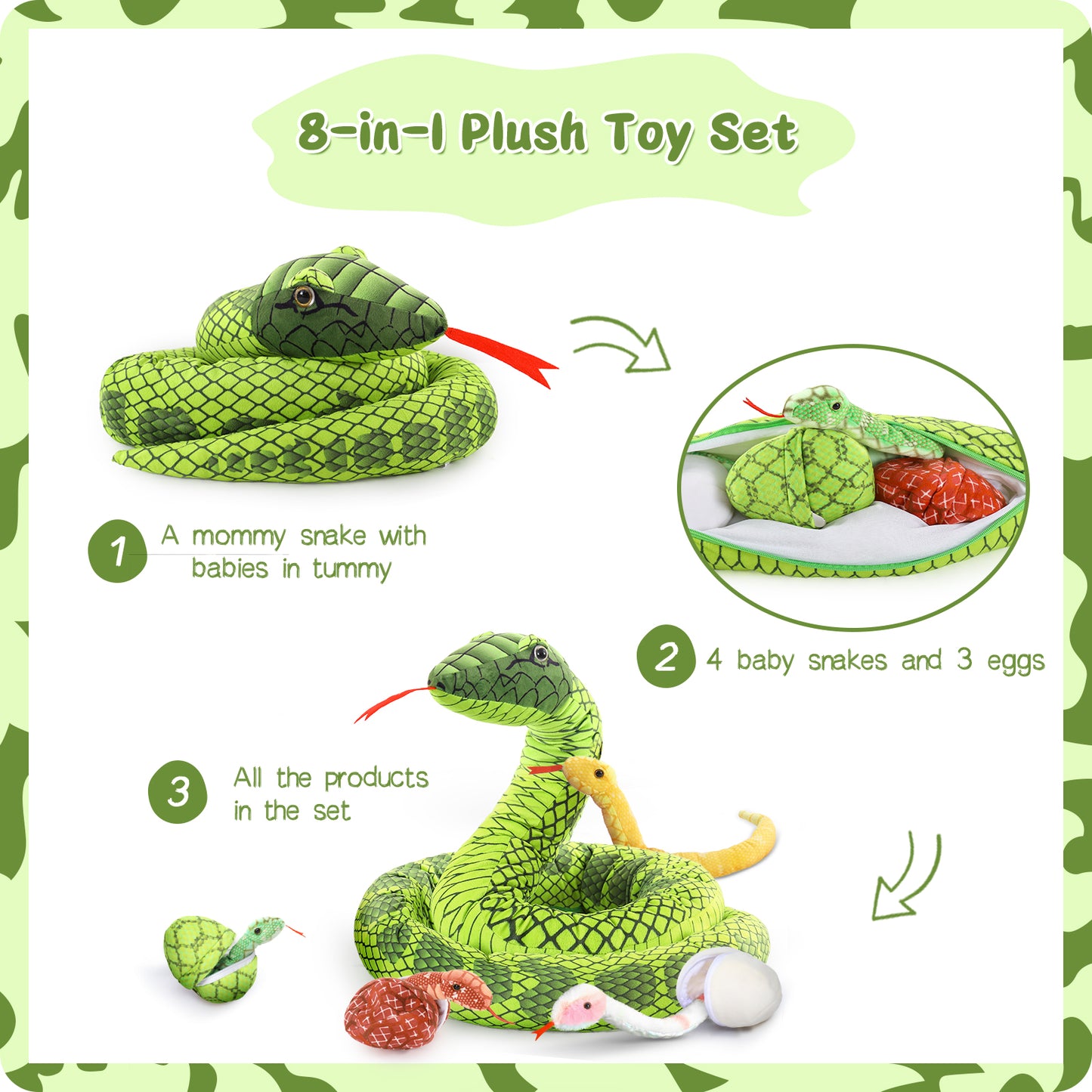 Snake Stuffed Animal Toy Set, Green, 118 Inches - MorisMos Jungle Stuffed Animals - Wild Animal Plush Toys