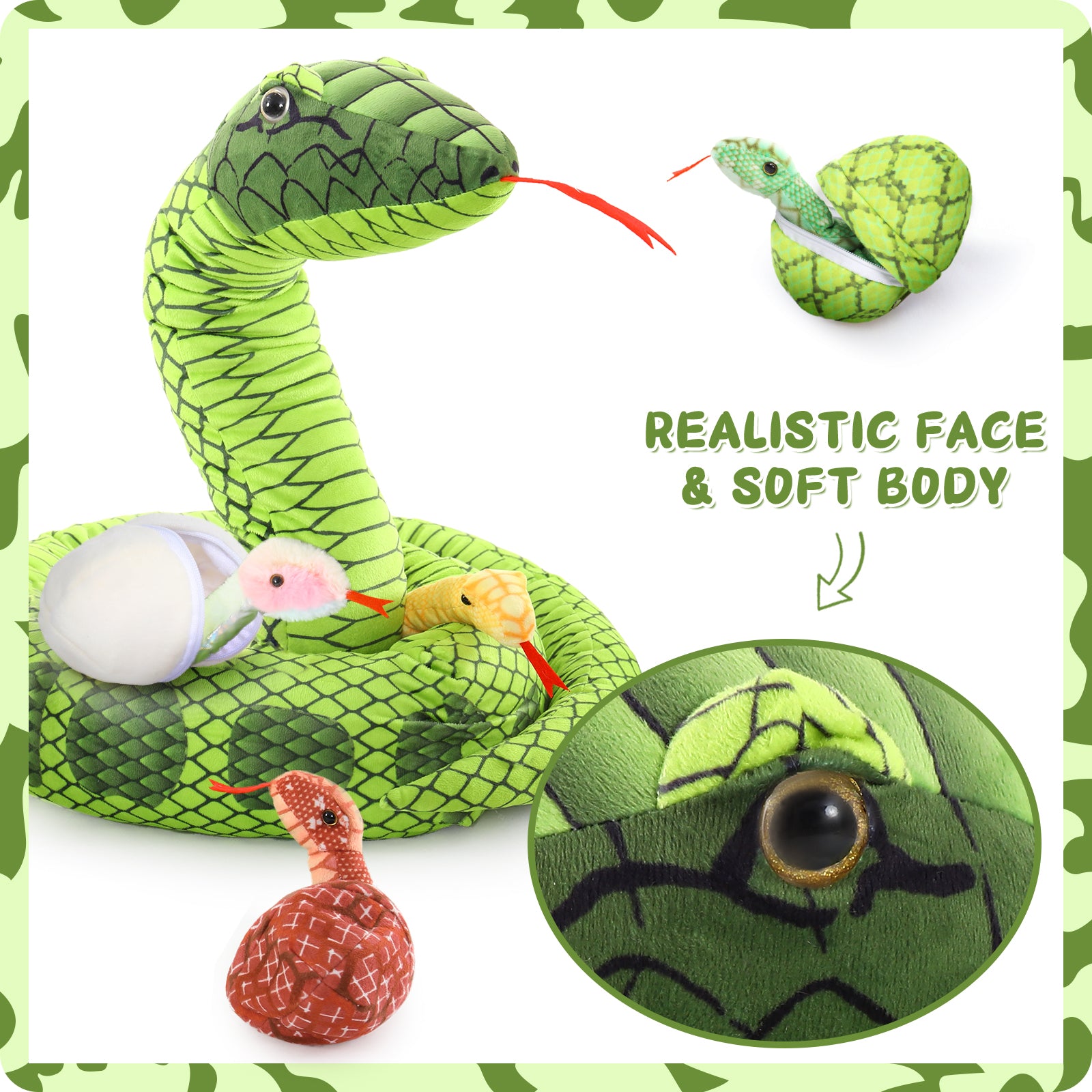 Ensemble de jouets en peluche serpent géant, vert/jaune, 80/55 pouces