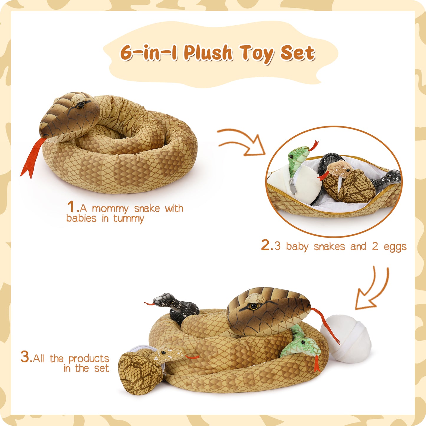 Snake Stuffed Animal Toy Set, Brown, 79 Inches - MorisMos Jungle Stuffed Animals - Wild Animal Plush Toys