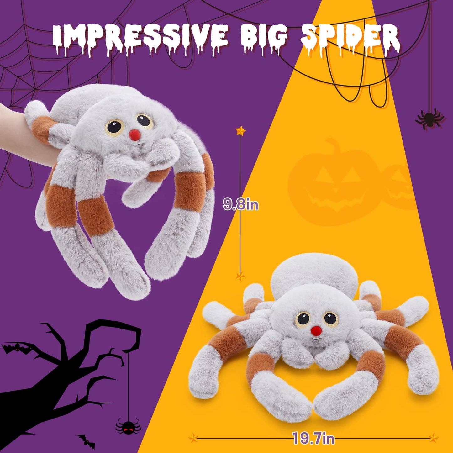 Giant Spider Plush Toy for Kids, Halloween Spider Shaped Throw Pillow, 20'' Big Tarantula Stuffed Animal Cushion Pillow - Cute Spider Gifts for Girls, Halloween Party Decorations/Prank Props