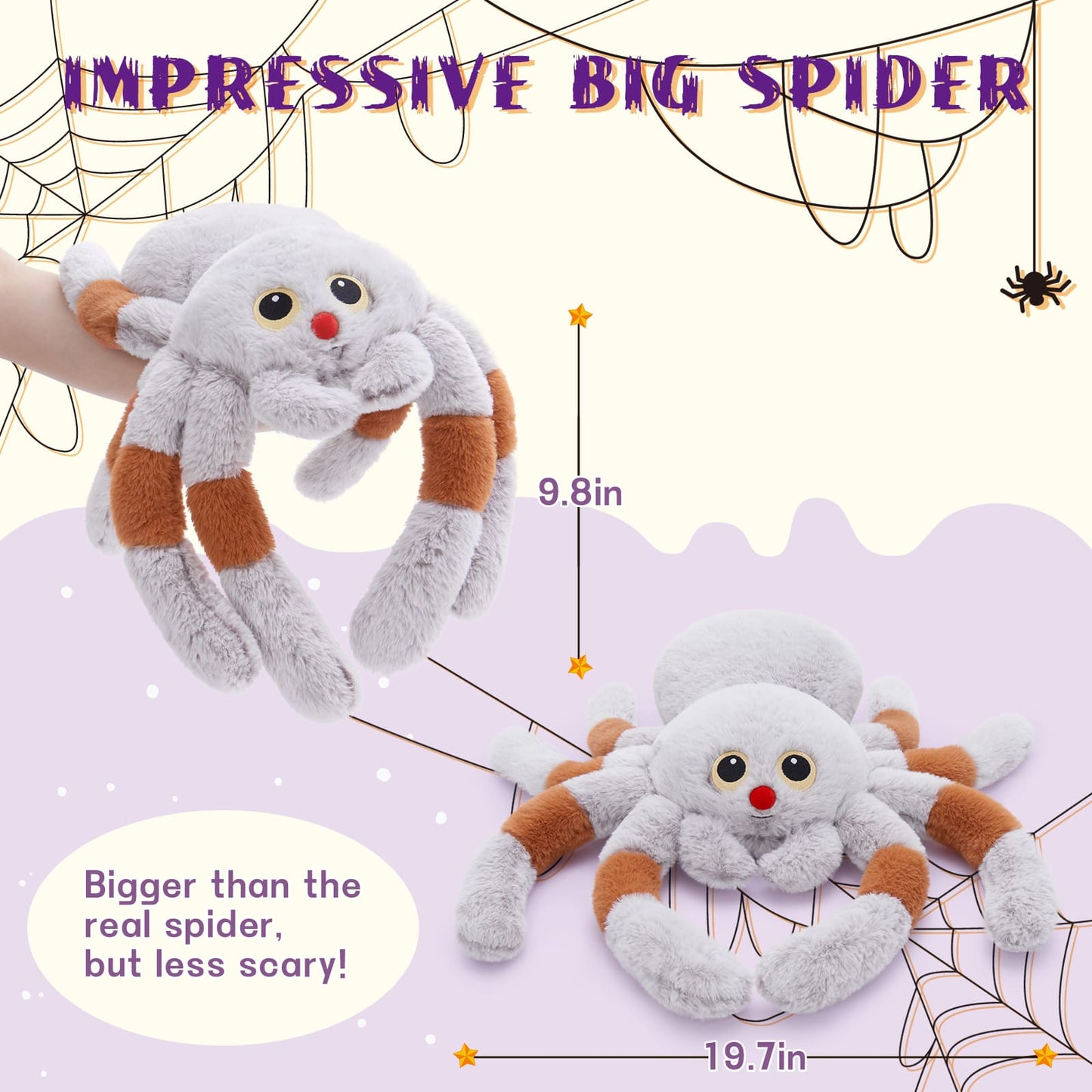 Giant Spider Plush Toy for Kids, Halloween Spider Shaped Throw Pillow, 20'' Big Tarantula Stuffed Animal Cushion Pillow - Cute Spider Gifts for Girls, Halloween Party Decorations/Prank Props