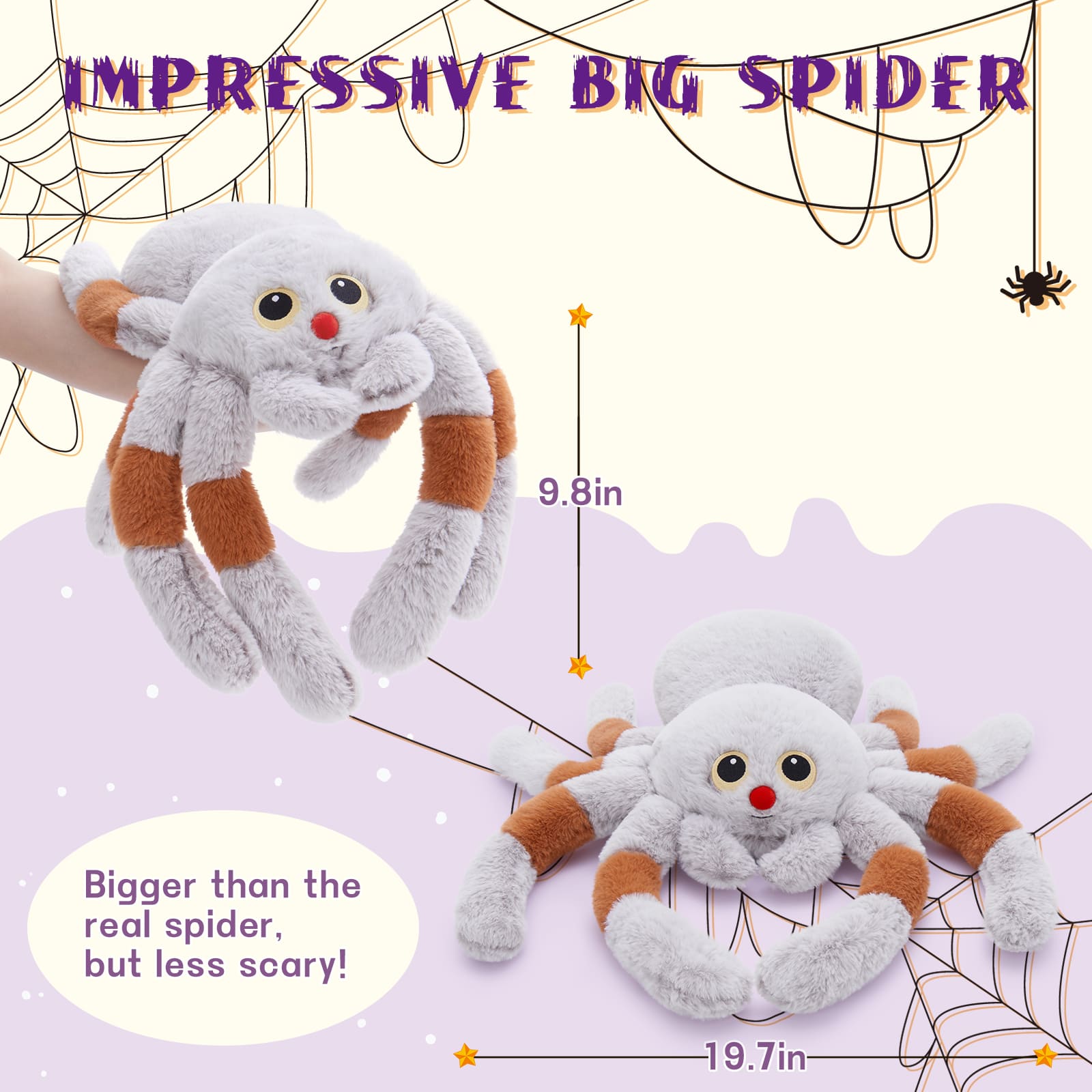 Big Spider Plush Toy Halloween Stuffed Animals, Grey, 20 Inches