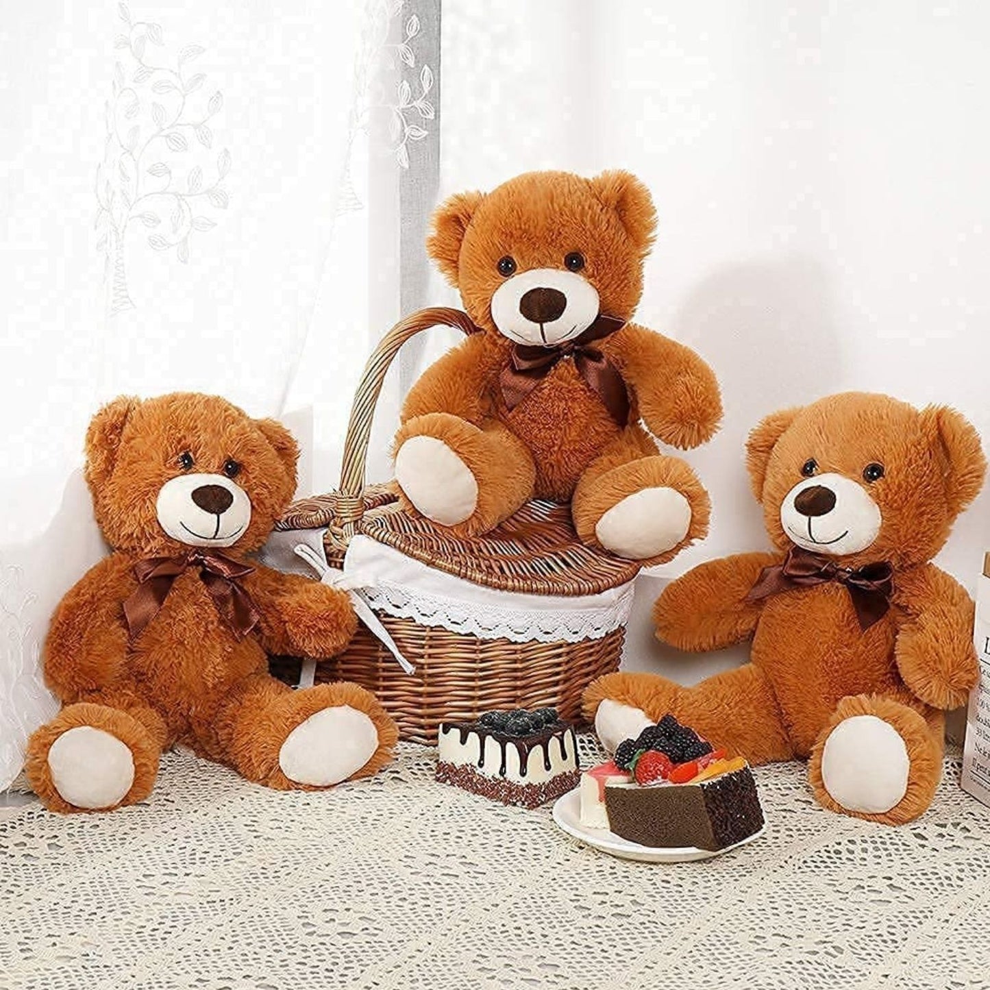 3 Pcs Brown Teddy Bear Stuffed Animals - 14 Inches Dark Brown Teddy Bear Plush Toys - Teddy Bear Theme Baby Shower Centerpieces - Cute Teddy Bear Plush Dolls Bulk - Free Shipping