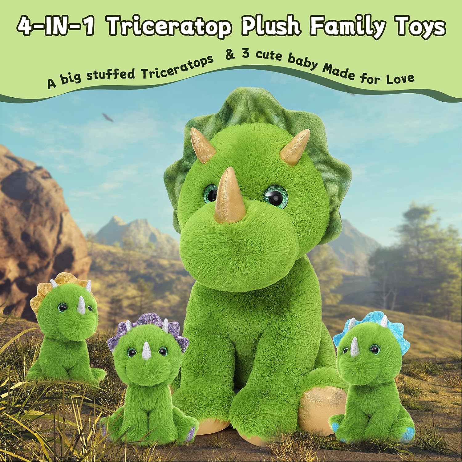 Ensemble de jouets en peluche Triceratops, vert, 25 pouces